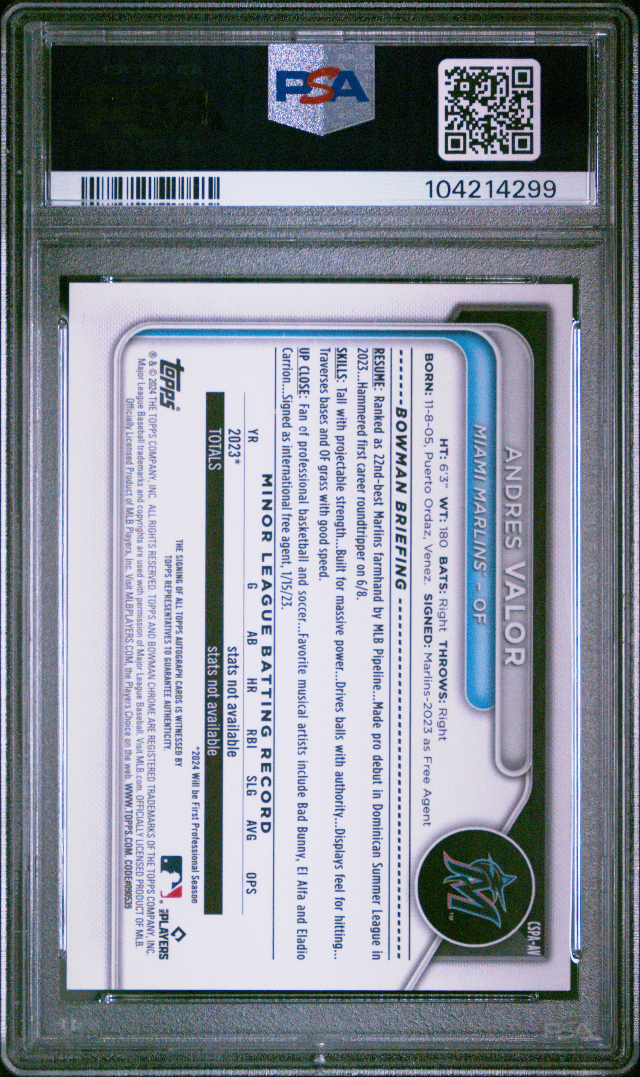 2024 Bowman Chrome Sapphire Edition Prospects Autographs Andres Valor #Av (Chrome Prospect Autograph) Mint 9 back