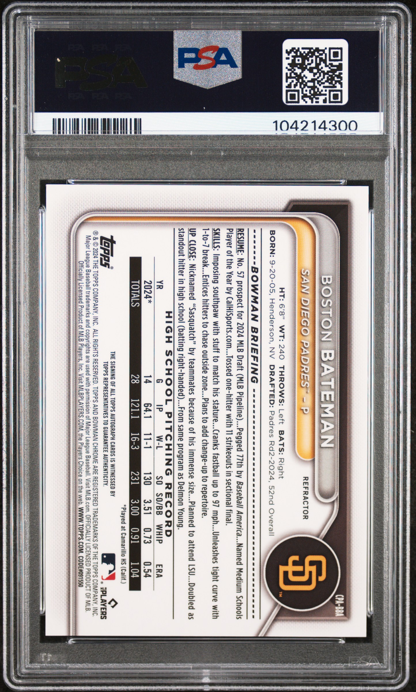 2024 Bowman Draft Chrome Prospect Autographs Boston Bateman #Cpabba (Chr Prospect Au-Refractor) Gem Mt 10 back