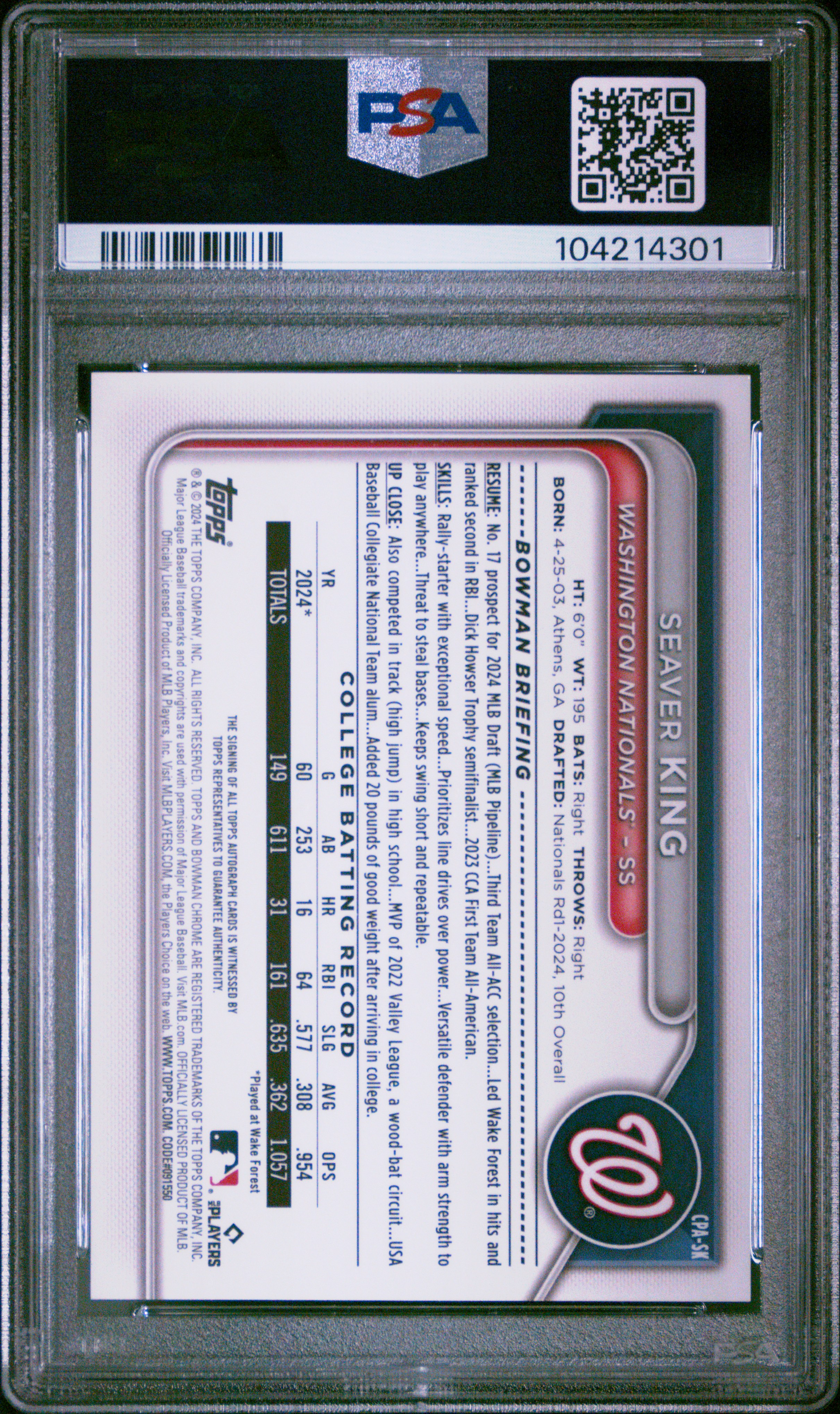 2024 Bowman Draft Chrome Prospect Autographs Seaver King #Cpask Mint 9 back