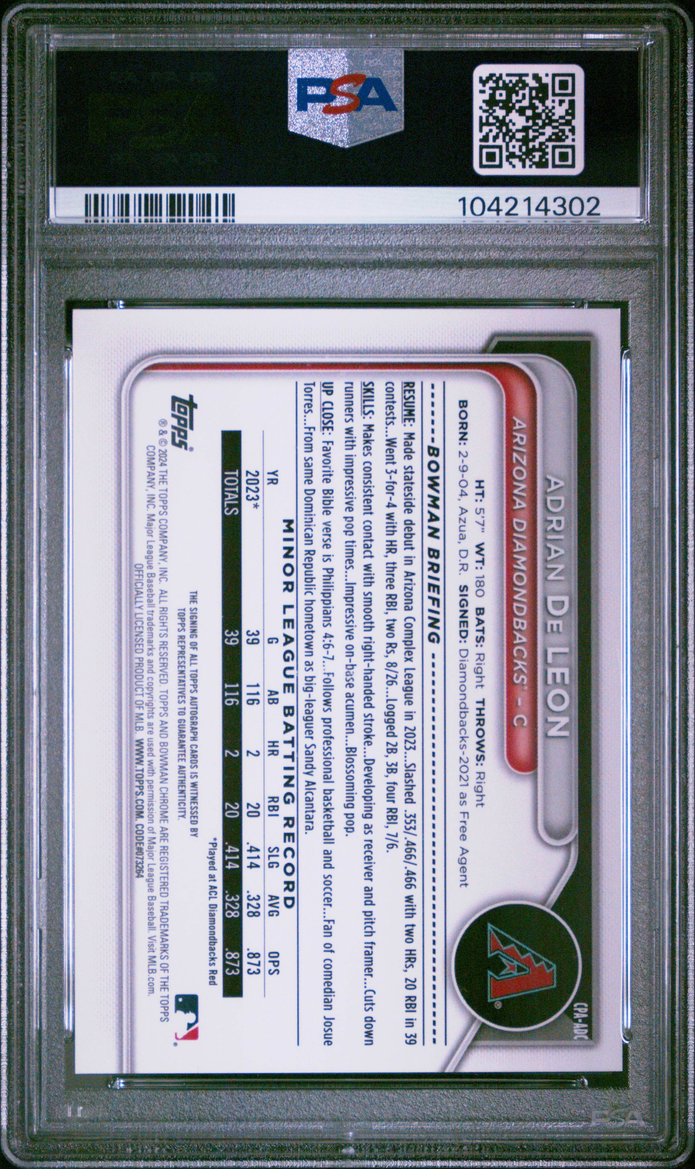 2024 Bowman Chrome Prospect Autographs Adrian De Leon #Cpaadc (Prospect Autograph) Gem Mt 10 back