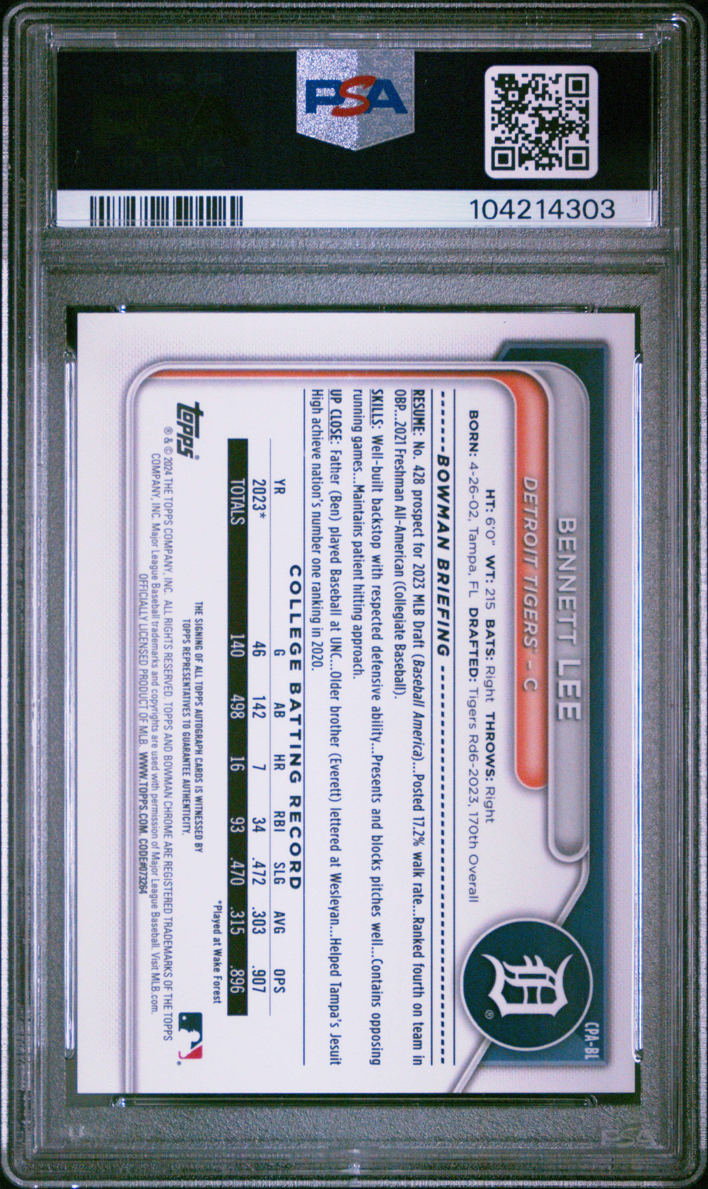 2024 Bowman Chrome Prospect Autographs Bennett Lee #Cpabl (Prospect Auto-Purple Ref) Mint 9 back