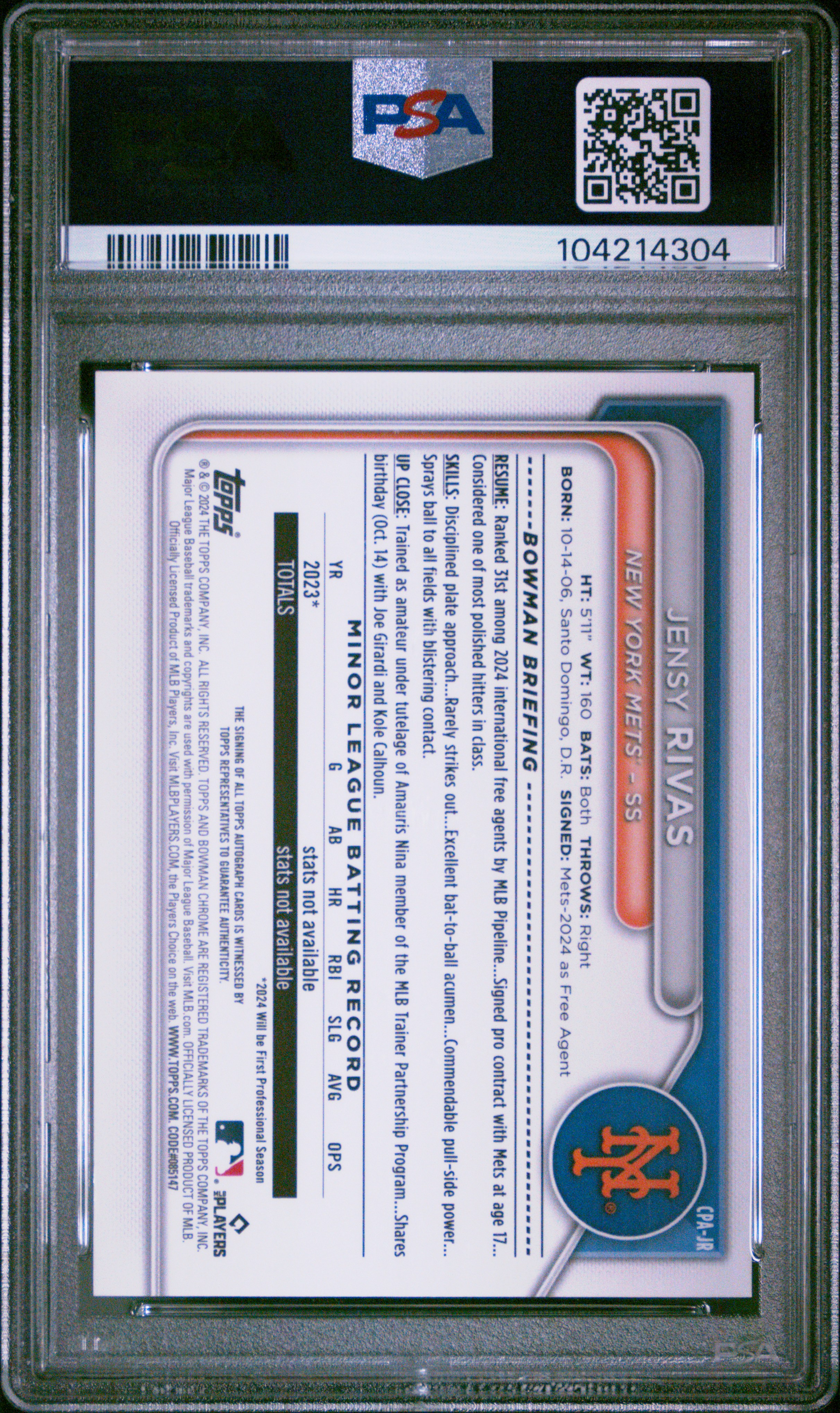 2024 Bowman Chrome Prospect Autographs Jensy Rivas #Cpajr (Prospect Auto-Speckle Ref) Mint 9 back