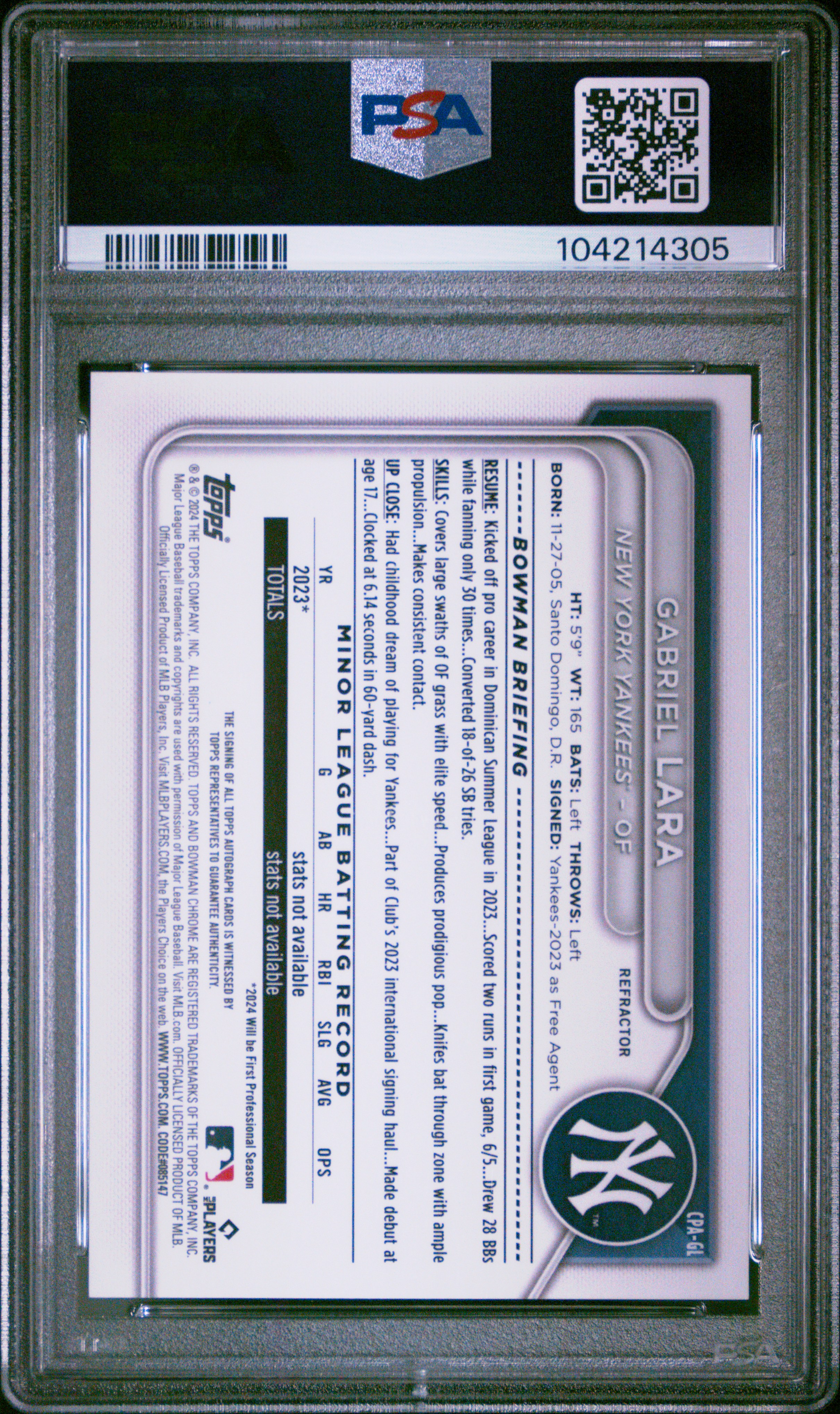 2024 Bowman Chrome Prospect Autographs Gabriel Lara #Cpagl (Prospect Auto-Refractor) Gem Mt 10 back