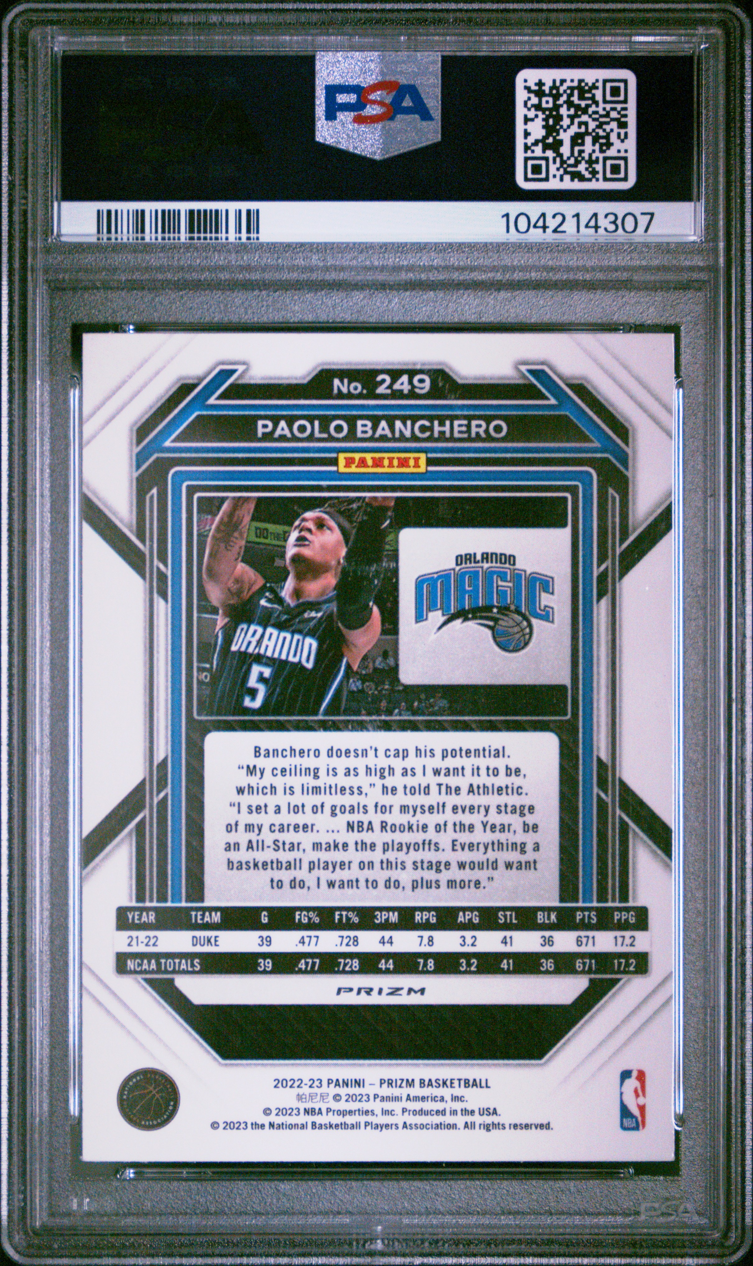 2022 Panini Prizm Paolo Banchero #249 (Green Prizm) Gem Mt 10 back