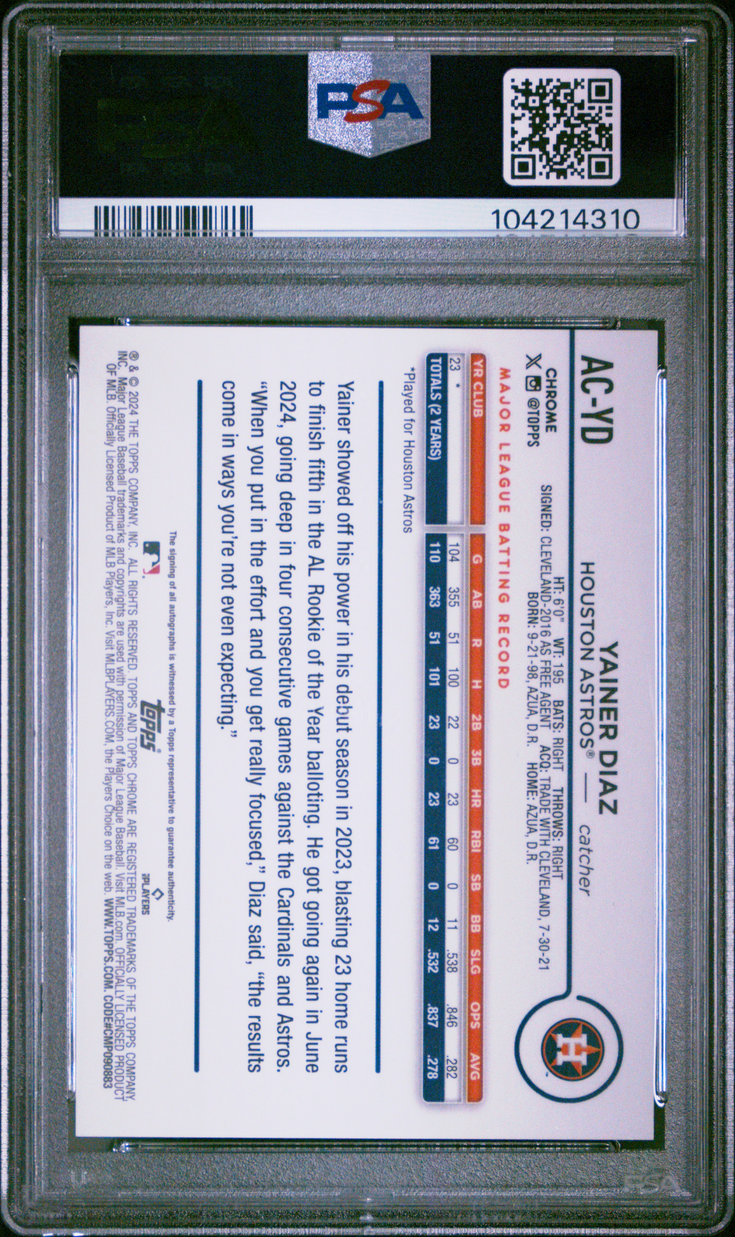 2024 Topps Chrome Update Chrome Baseball Update Series Autographs Yainer Diaz #Acyd (Autograph-Orange Ref) Mint 9 back