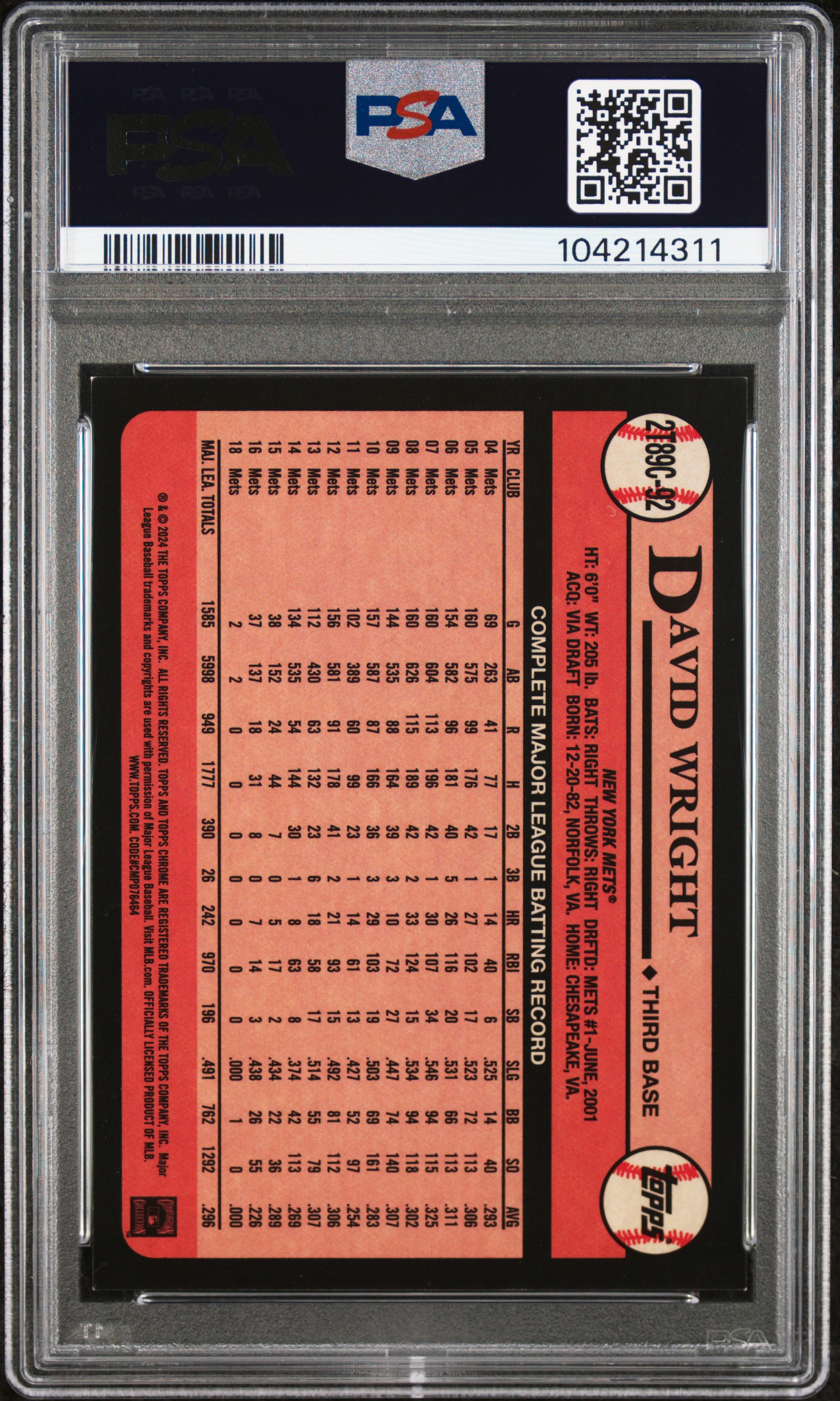 2024 Topps Silver Pack 1989 Chrome Promo David Wright #92 (Gold Refractor) Nm-Mt 8 back