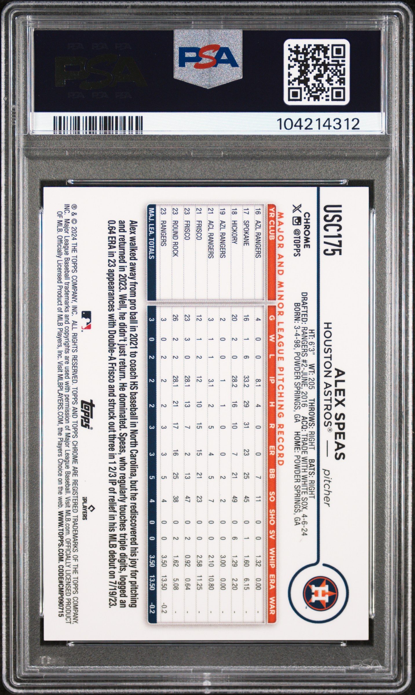 2024 Topps Chrome Update Alex Speas #Usc175 (Black Refractor) Nm-Mt 8 back