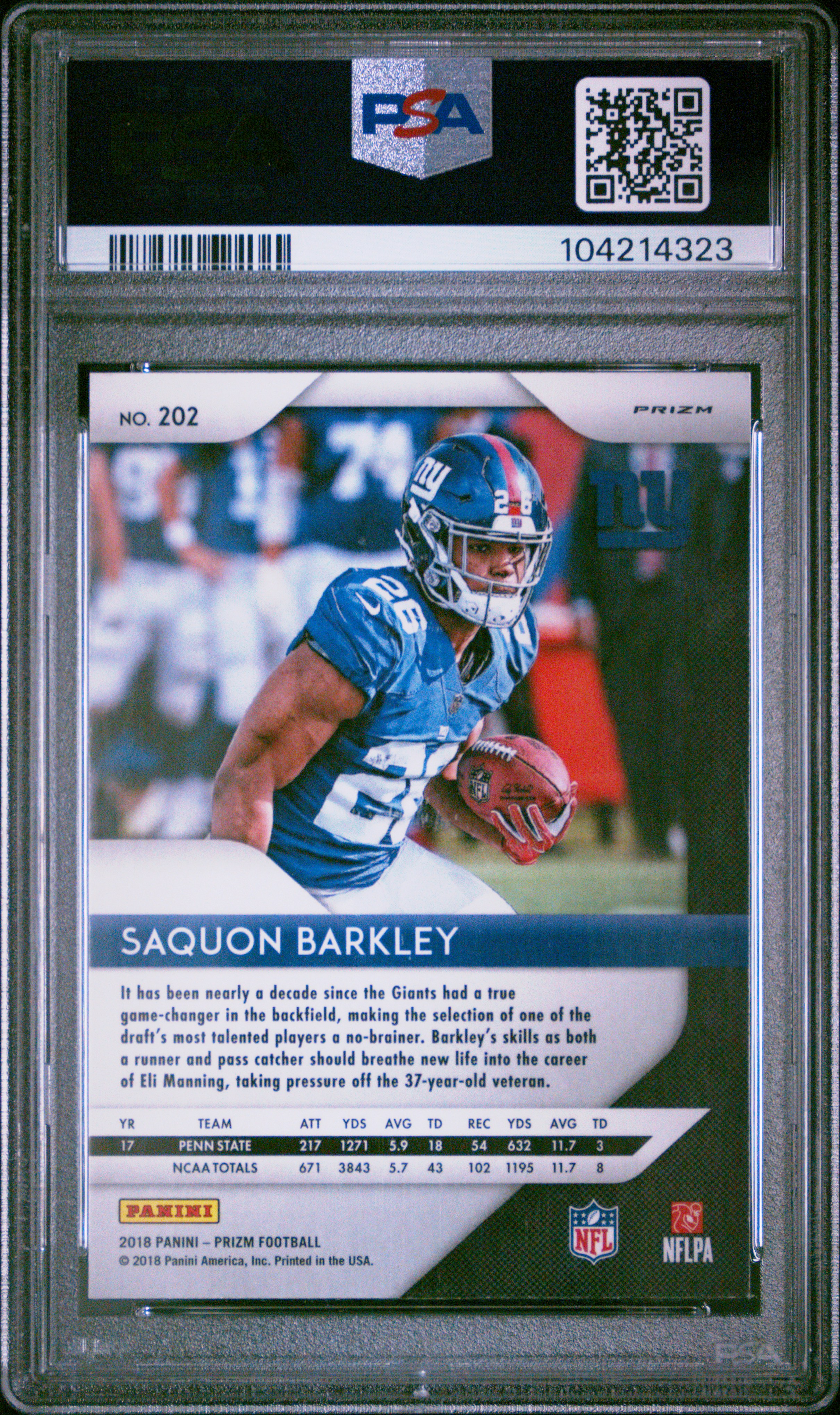 2018 Panini Prizm Saquon Barkley #202 (Lazer Prizm) Mint 9 back