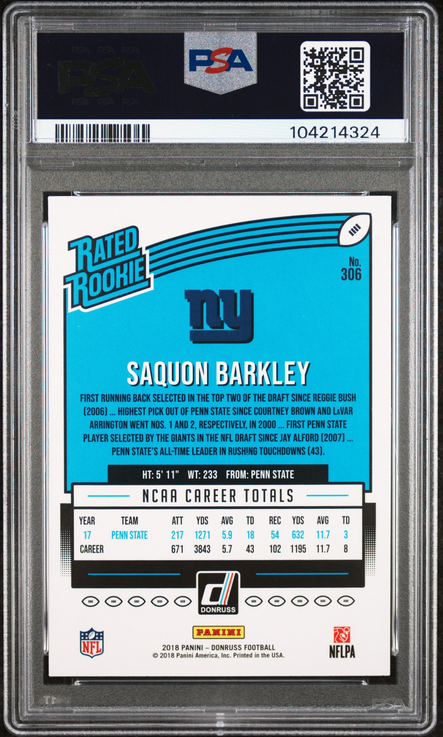 2018 Panini Donruss Saquon Barkley #306 Mint 9 back