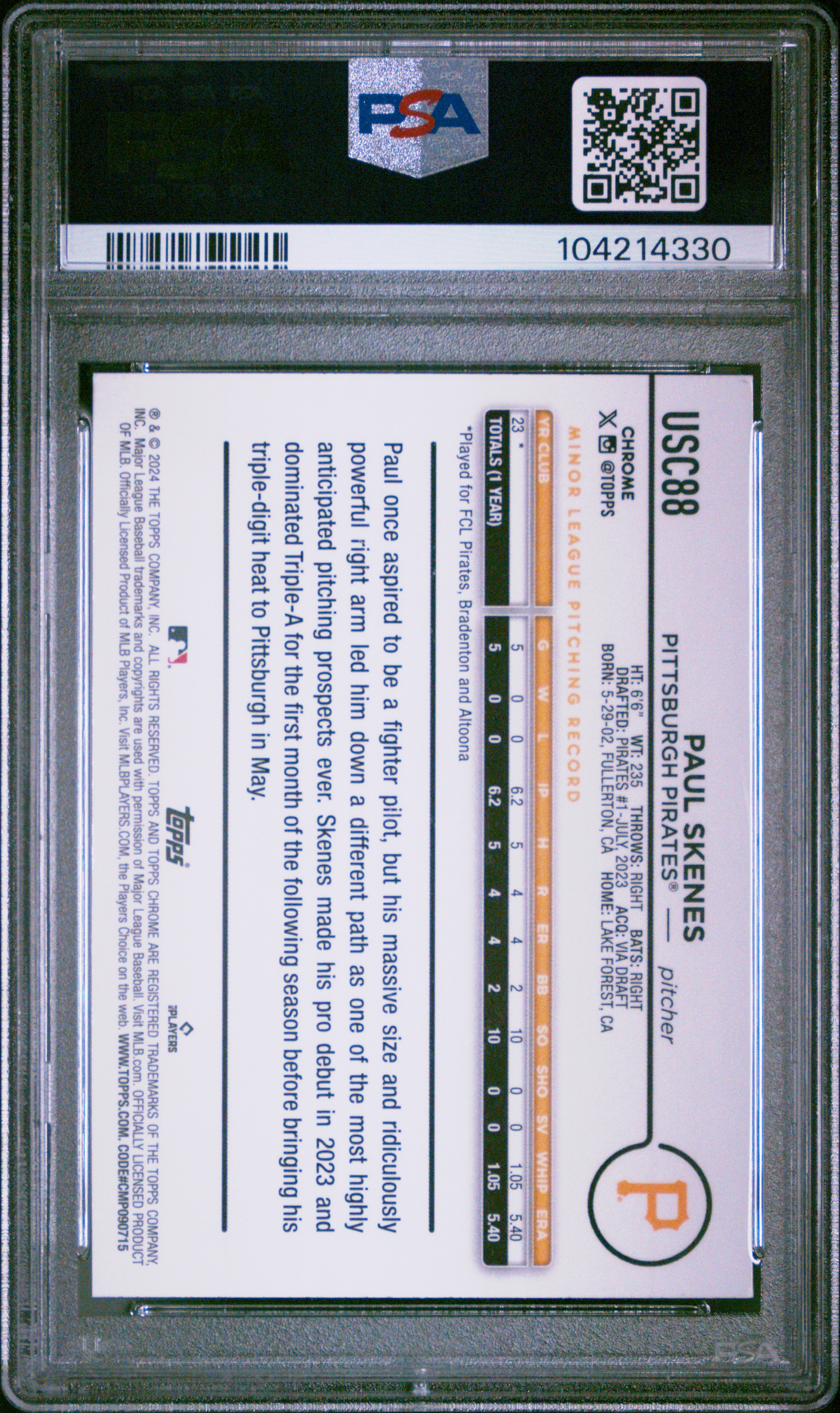 2024 Topps Chrome Update Paul Skenes #Usc88 (X-Fractor) Gem Mt 10 back