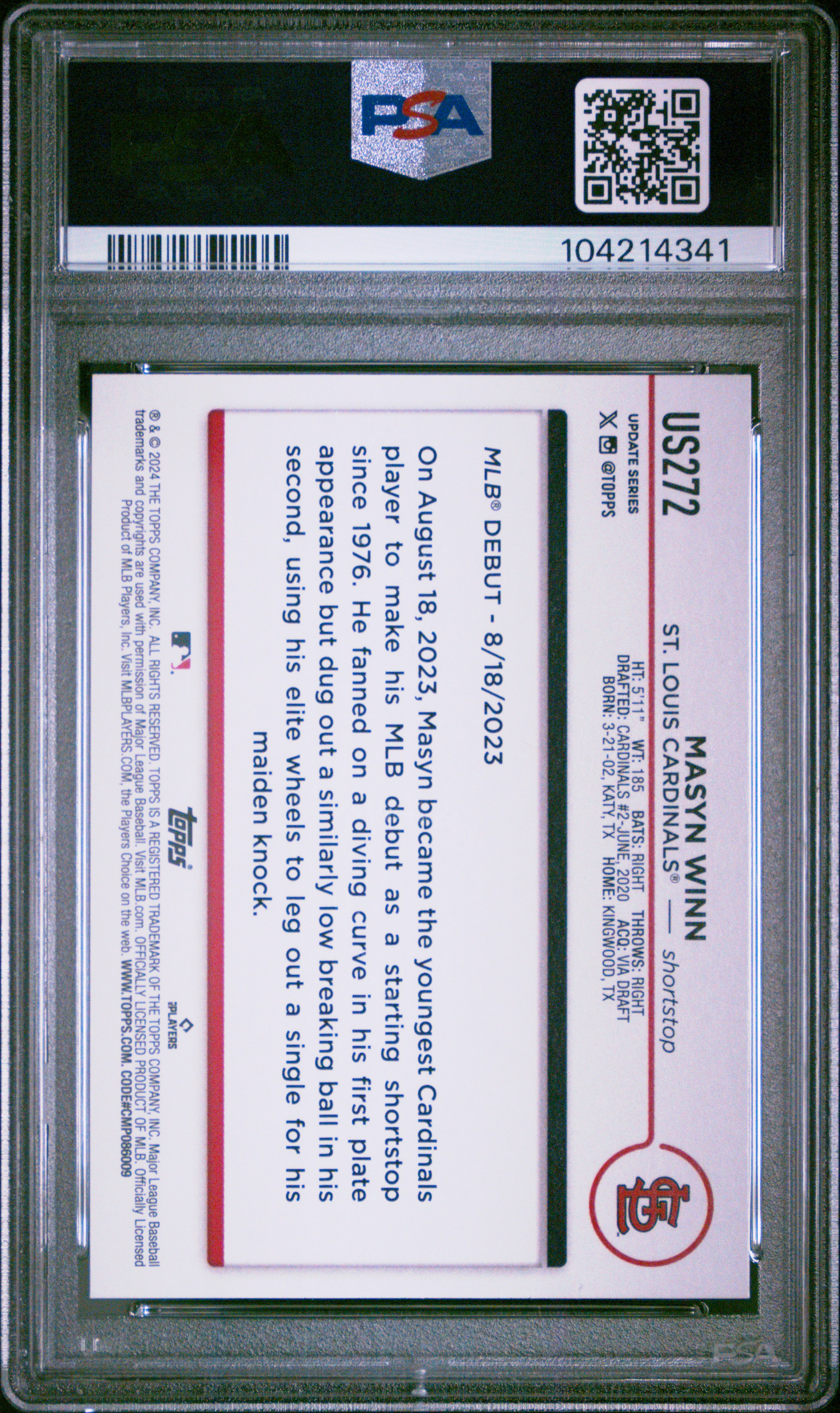 2024 Topps Update Masyn Winn #Us272 (Gold Rainbow Foil) Gem Mt 10 back