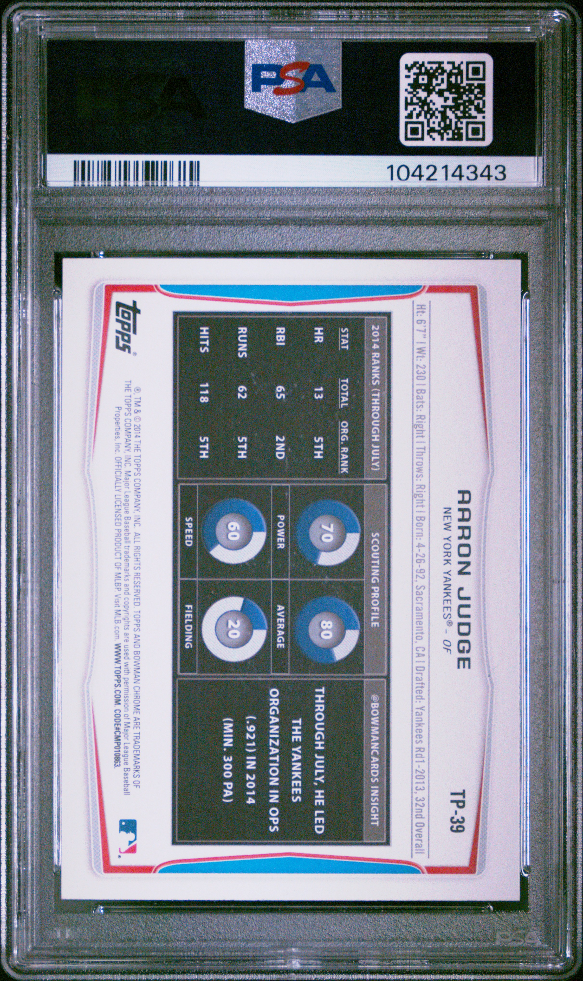 2014 Bowman Draft Picks Top Prospects Aaron Judge #Tp39 (Top Prospects) Gem Mt 10 back