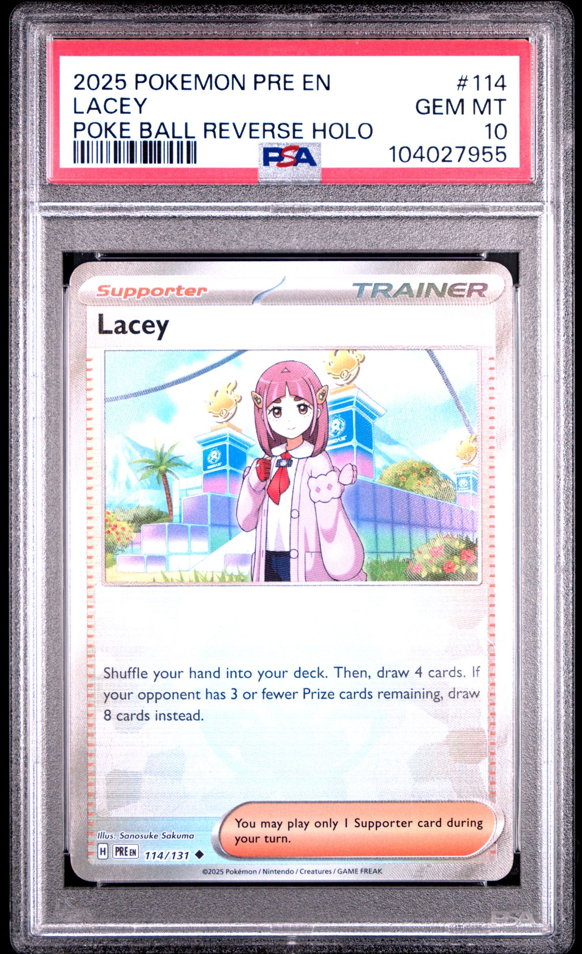 2025 Pokemon Pre En-Prismatic Evolutions Lacey #114 (Poke Ball Reverse Holo) Gem Mt 10 front