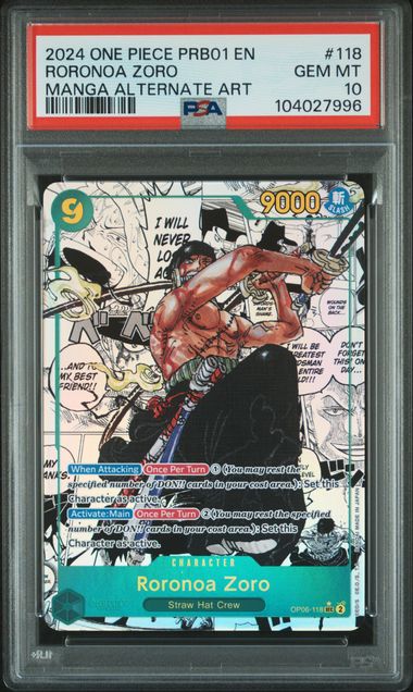 2024 One Piece Prb01-Premium Booster -One Piece Card The Best- Roronoa Zoro #118 (Manga Alternate Art) Gem Mt 10 front