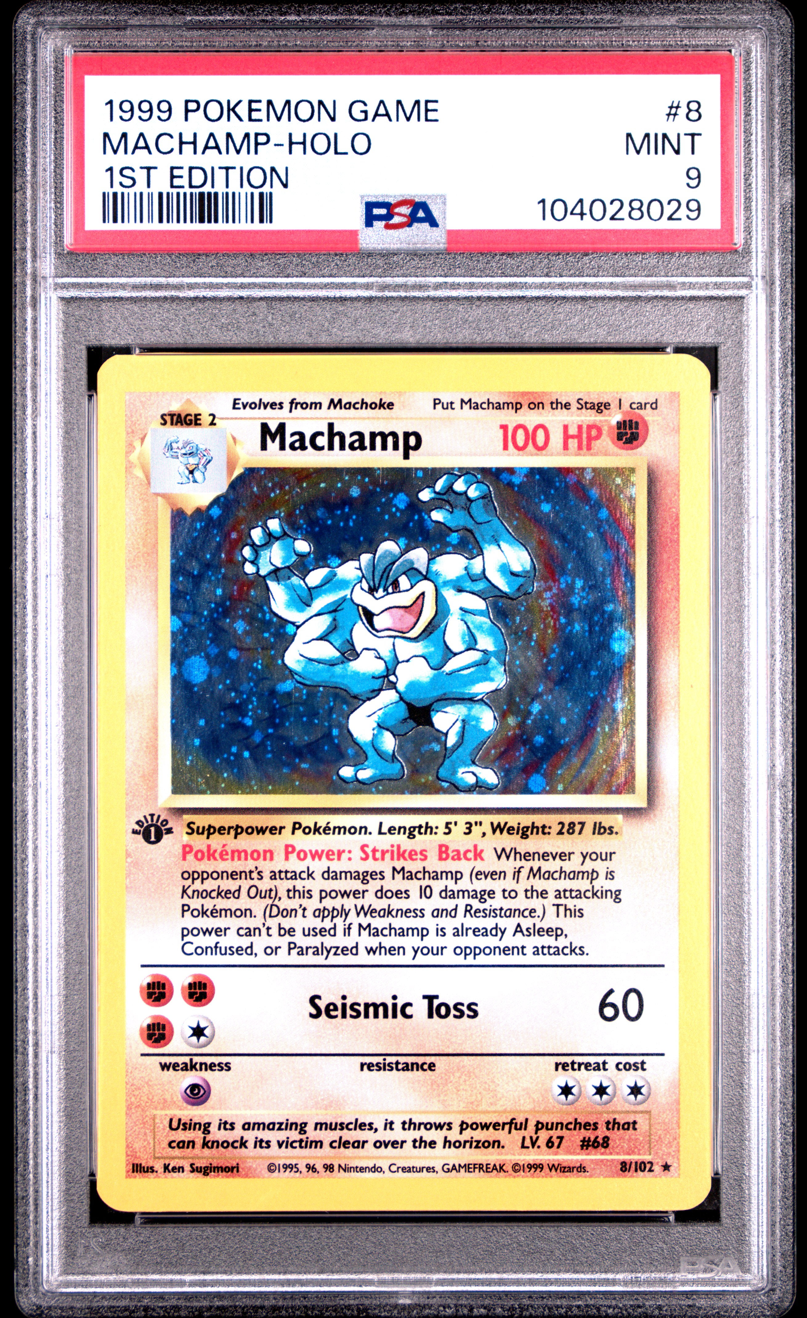 1999 Pokemon Game Machamp-Holo #8 (1St Edition) Mint 9 back