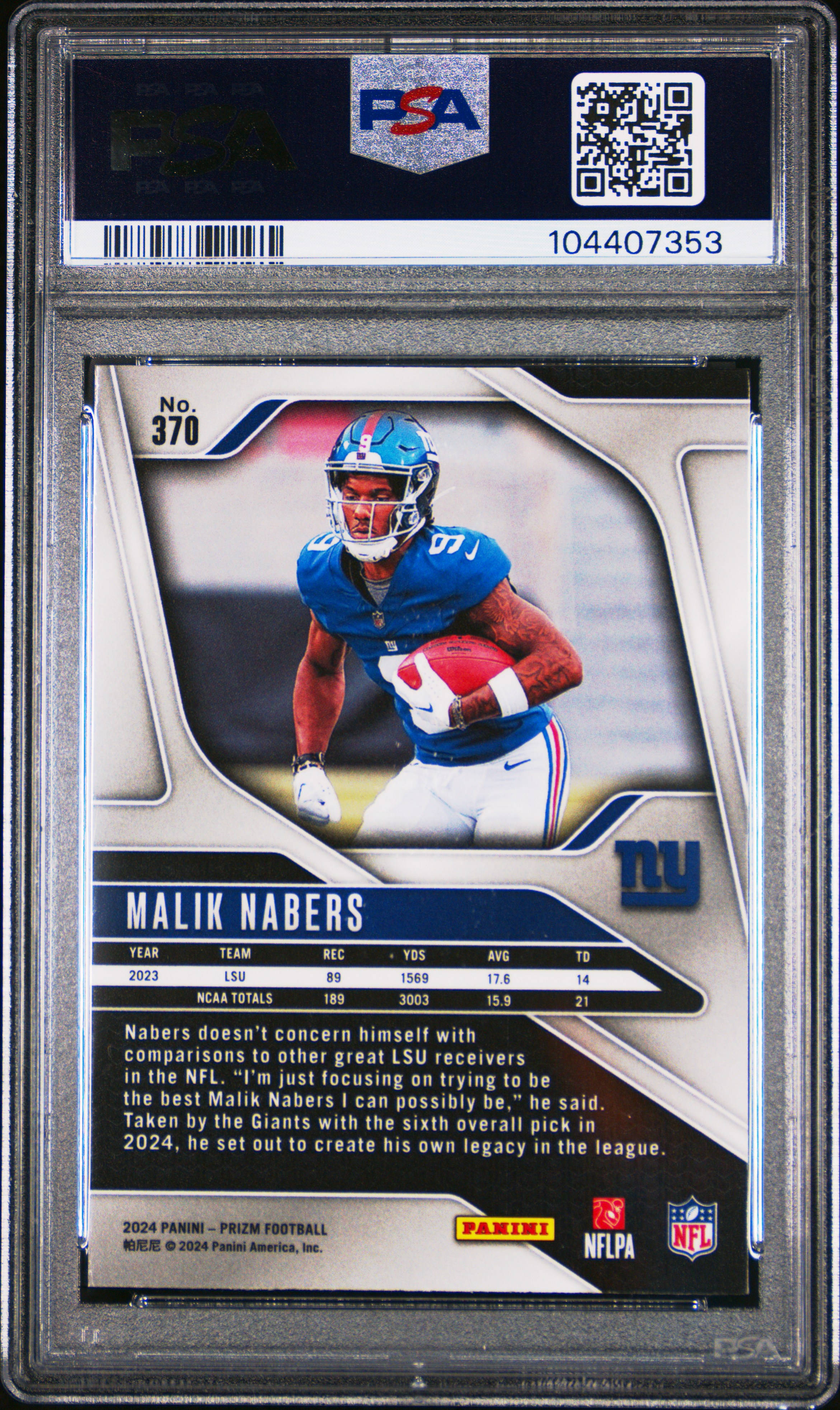 2024 Panini Prizm Malik Nabers #370 Gem Mt 10 back
