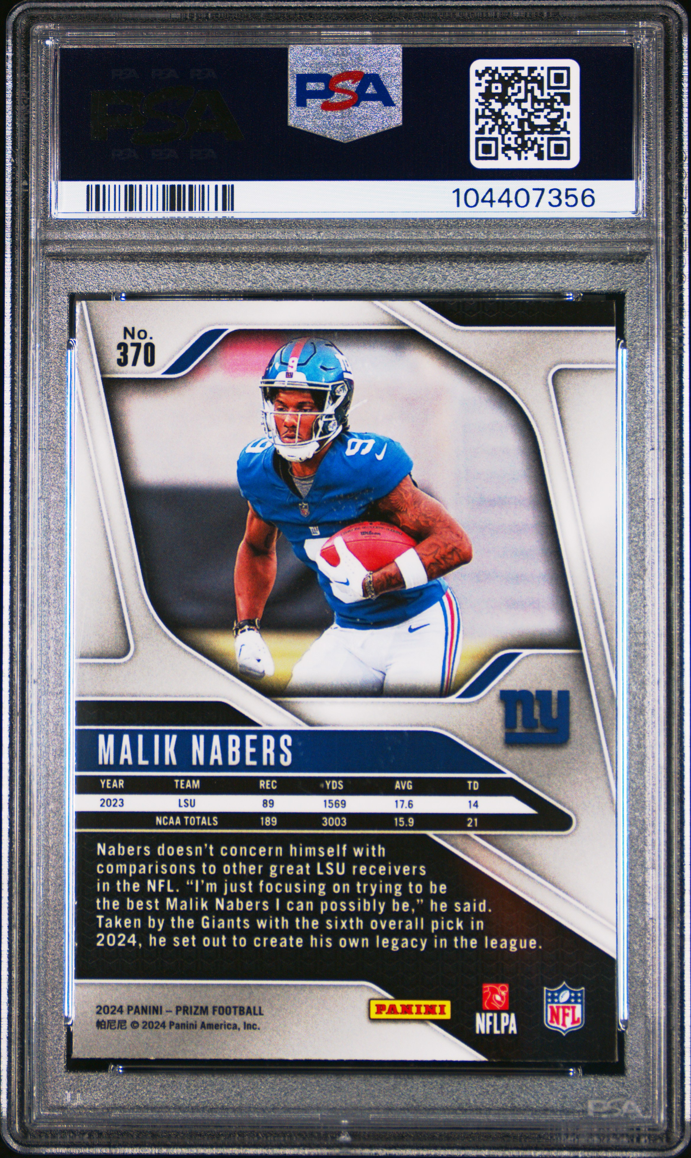 2024 Panini Prizm Malik Nabers #370 Gem Mt 10 back