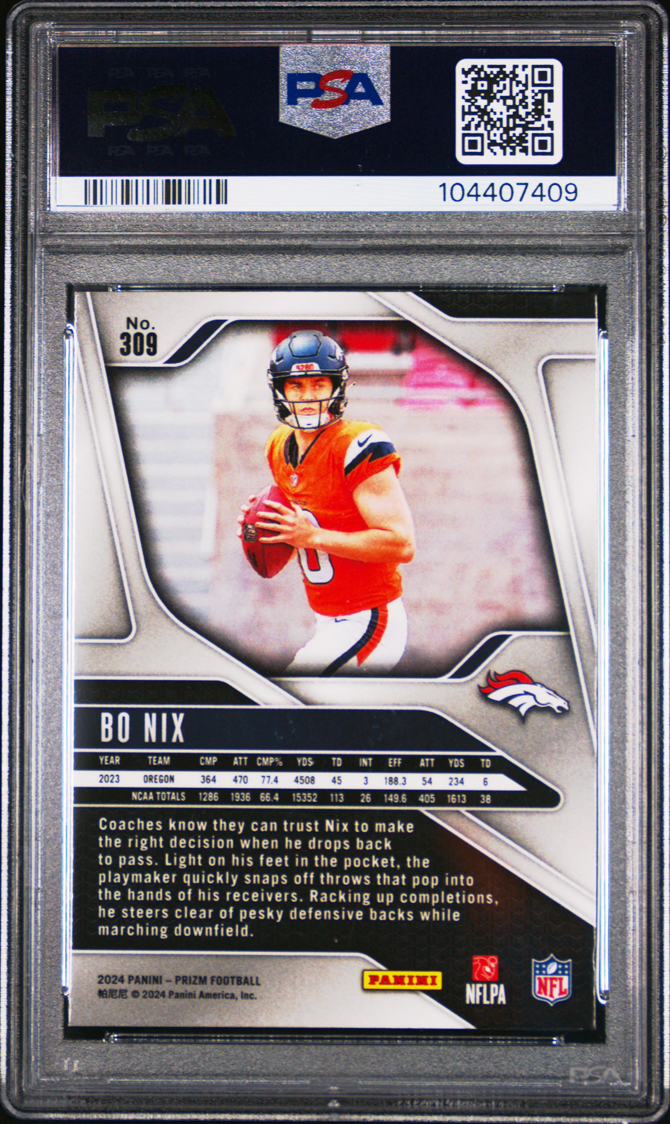 2024 Panini Prizm Bo Nix #309 Gem Mt 10 back