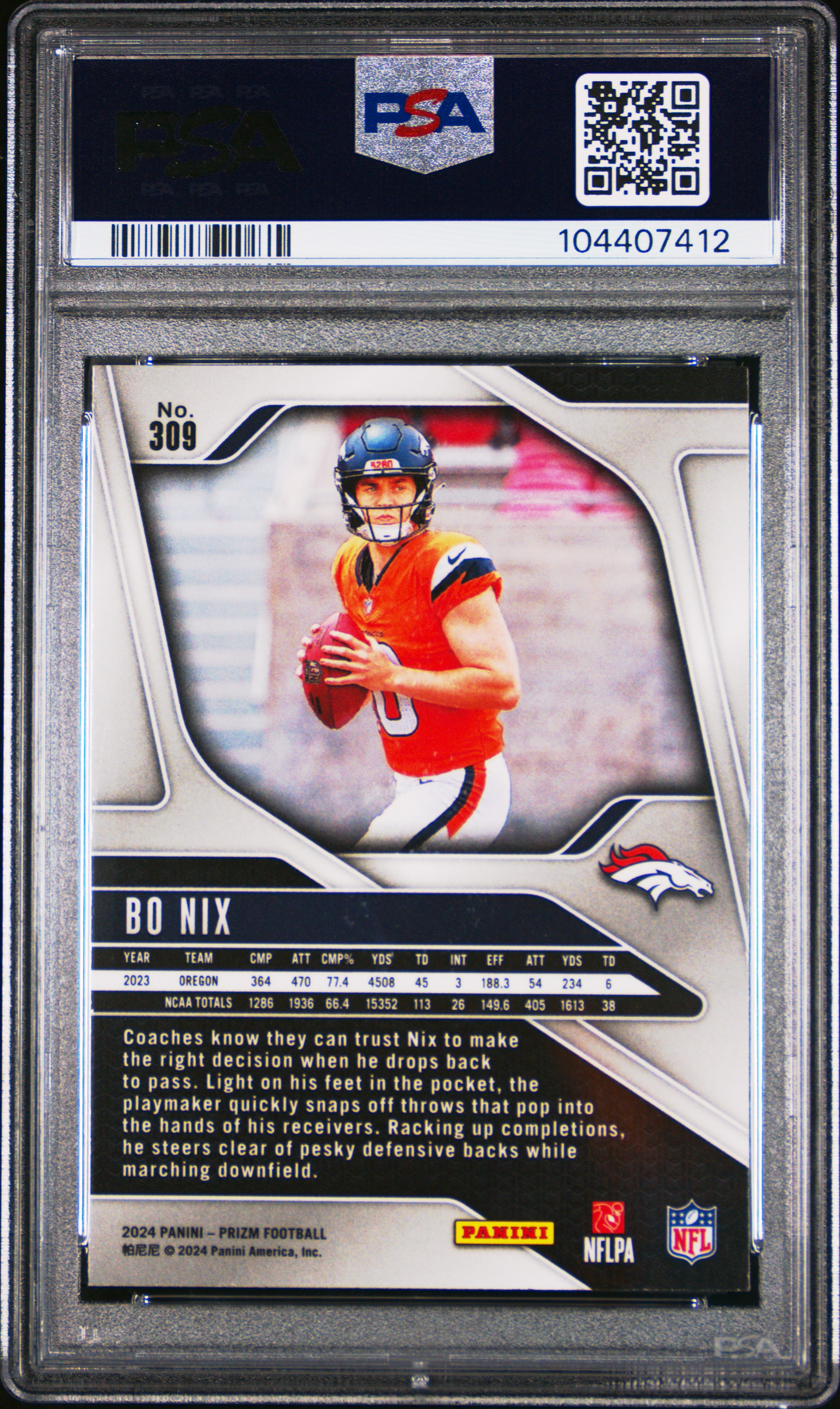 2024 Panini Prizm Bo Nix #309 Gem Mt 10 back