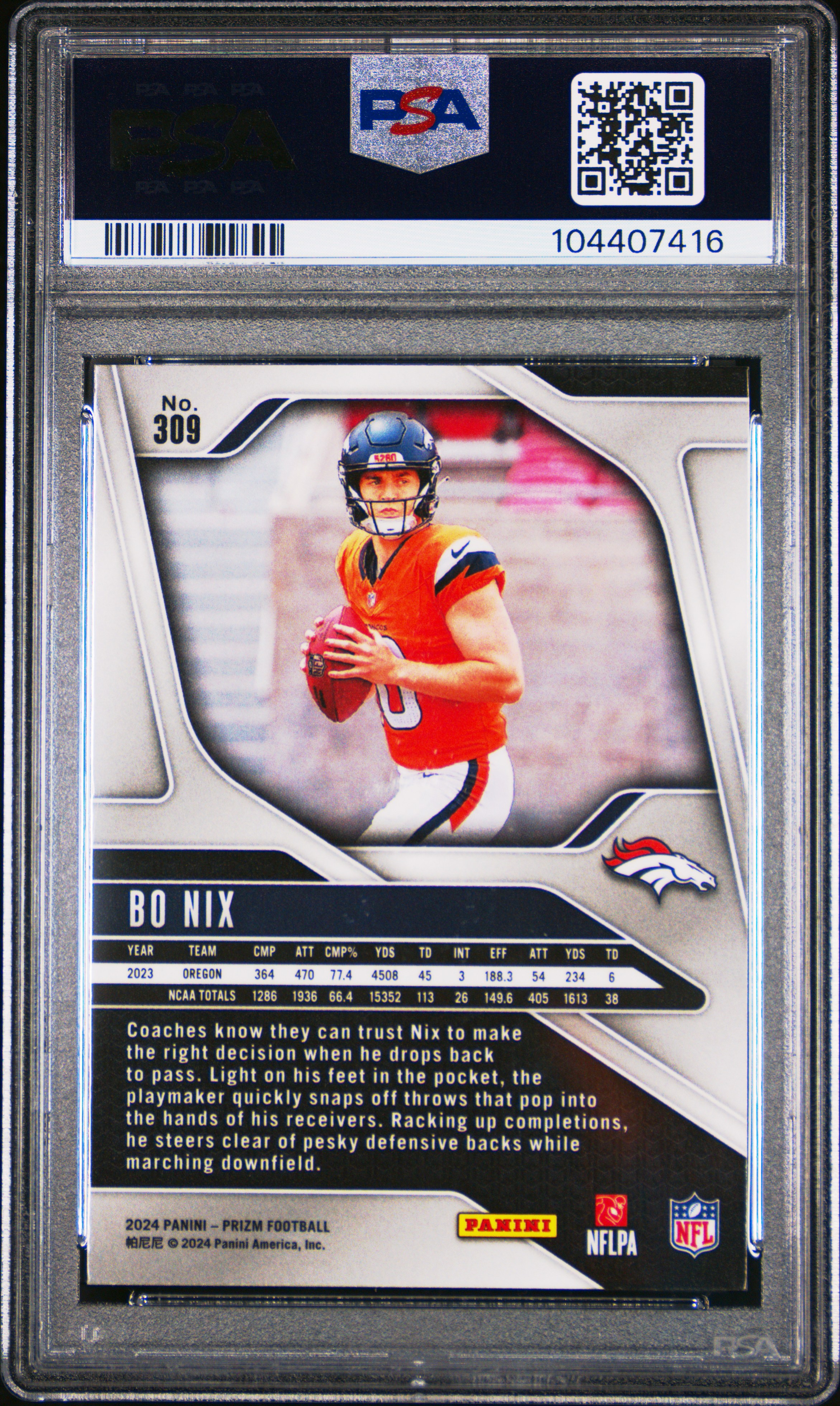 2024 Panini Prizm Bo Nix #309 Gem Mt 10 back