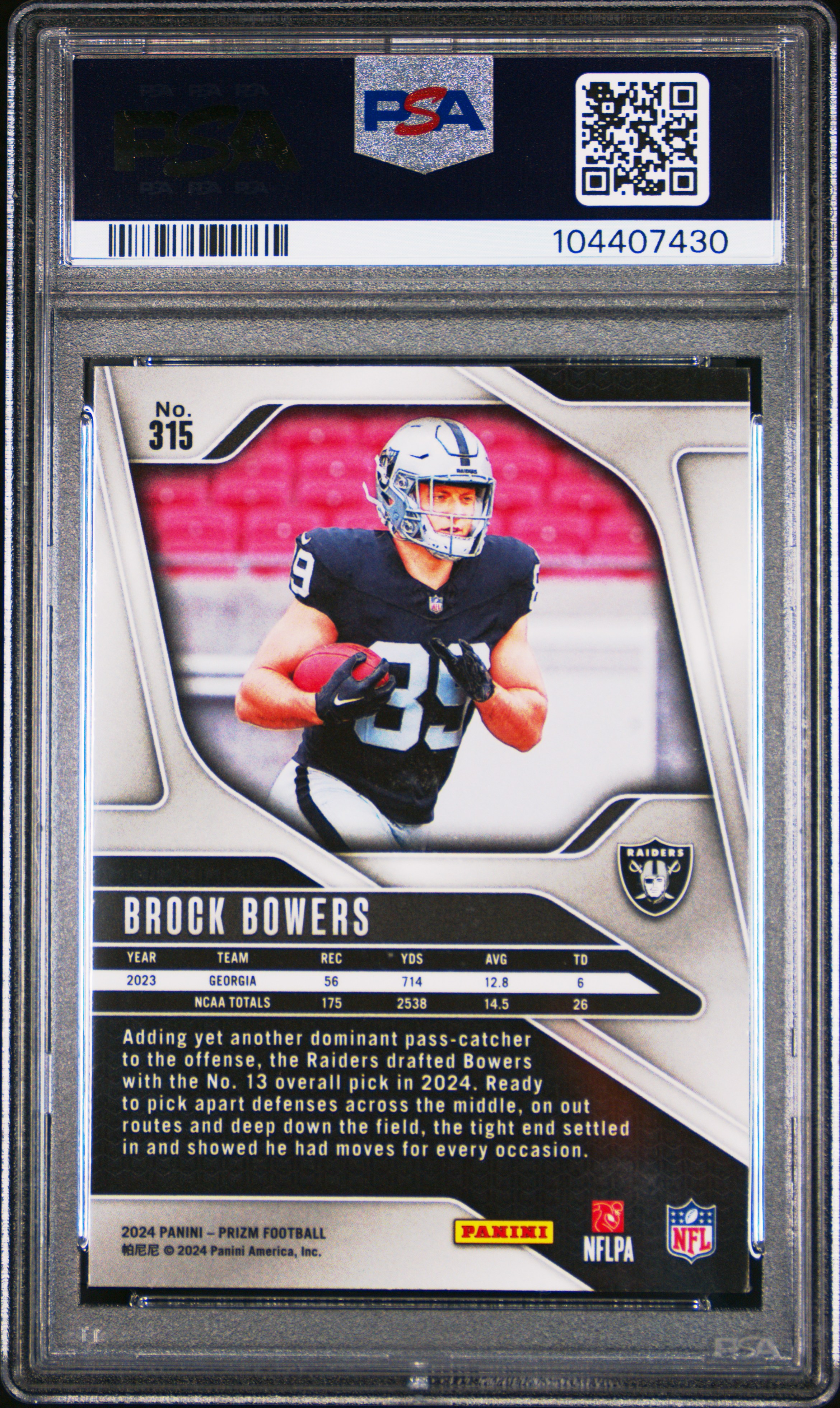 2024 Panini Prizm Brock Bowers #315 Mint 9 back