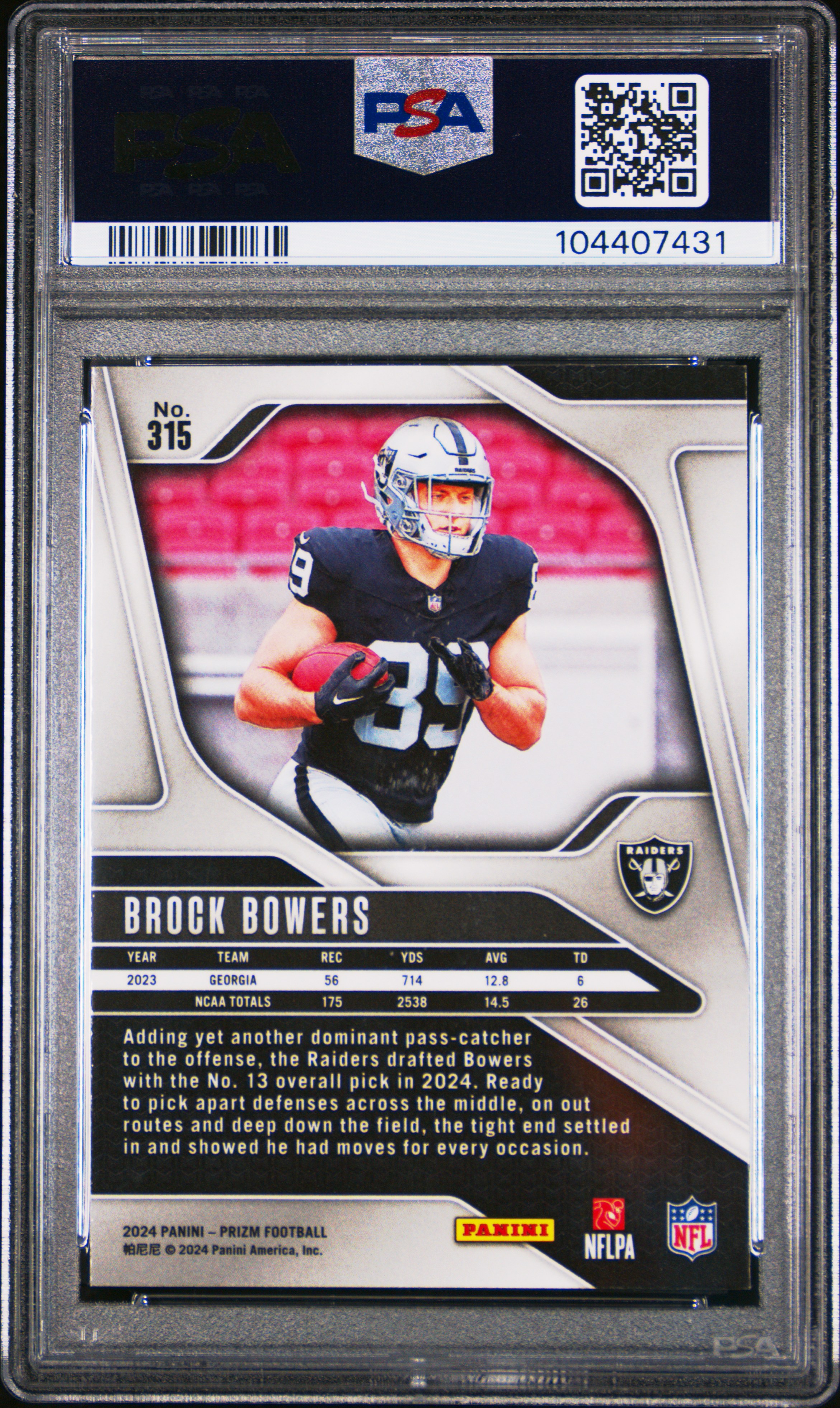 2024 Panini Prizm Brock Bowers #315 Mint 9 back
