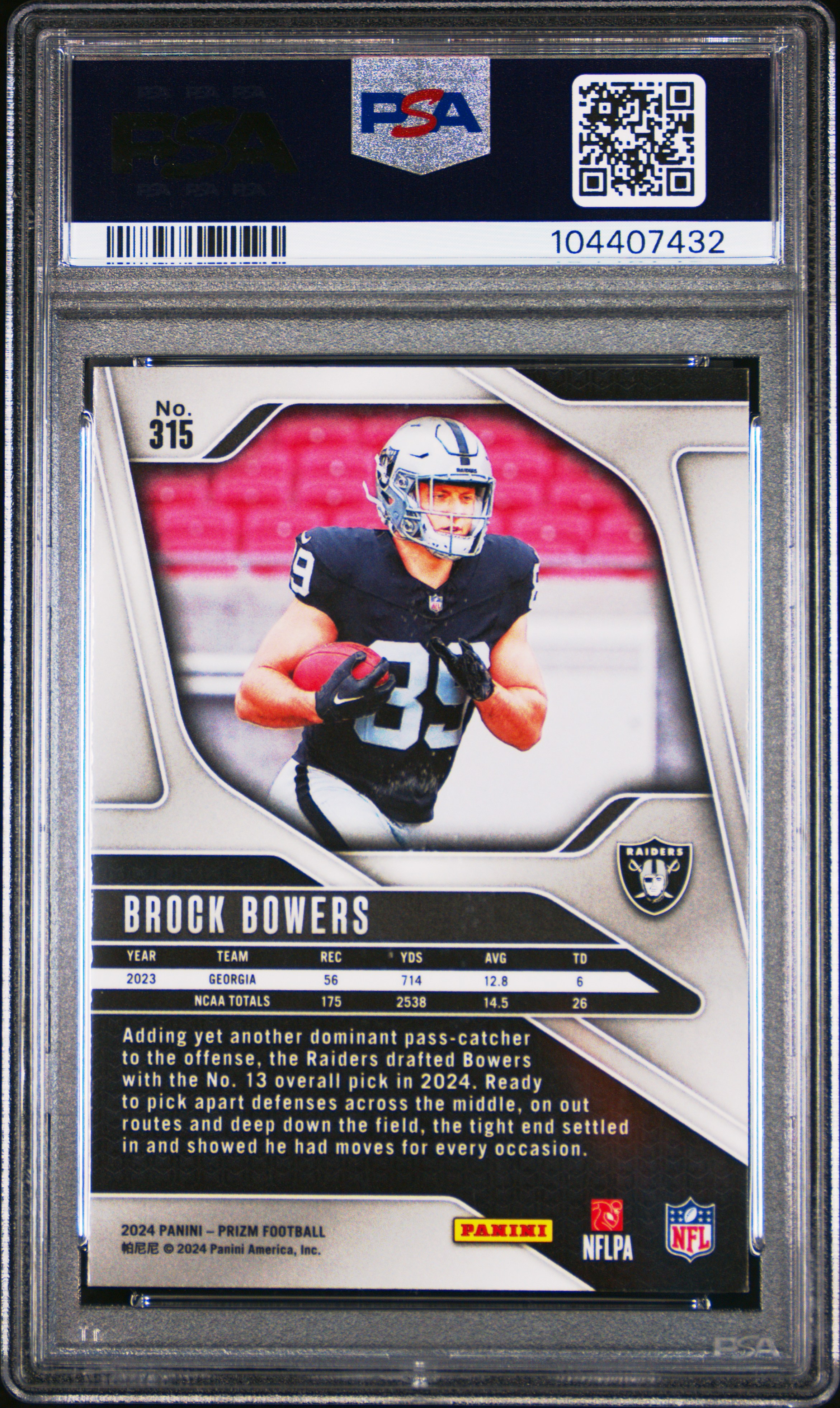 2024 Panini Prizm Brock Bowers #315 Mint 9 back