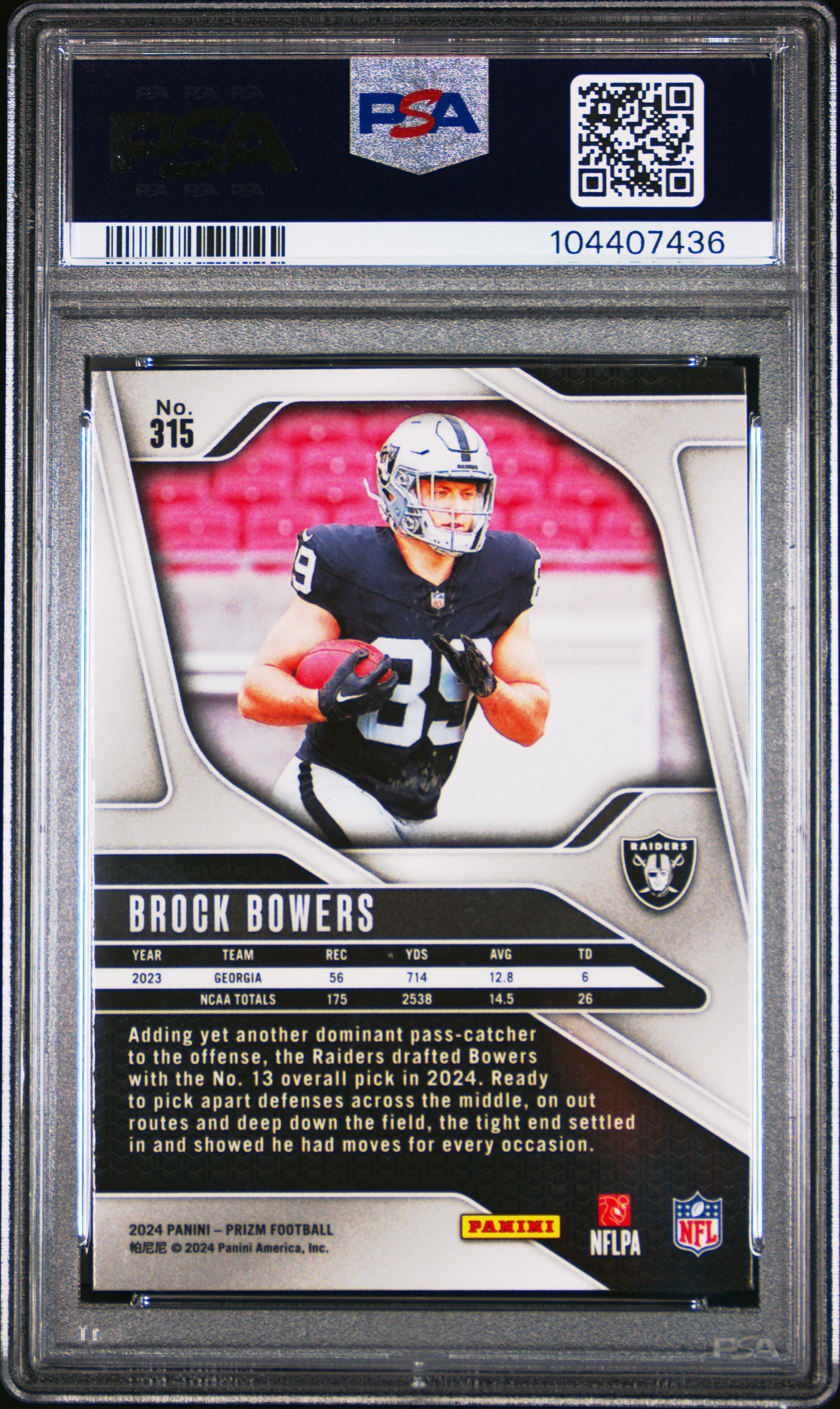 2024 Panini Prizm Brock Bowers #315 Mint 9 back