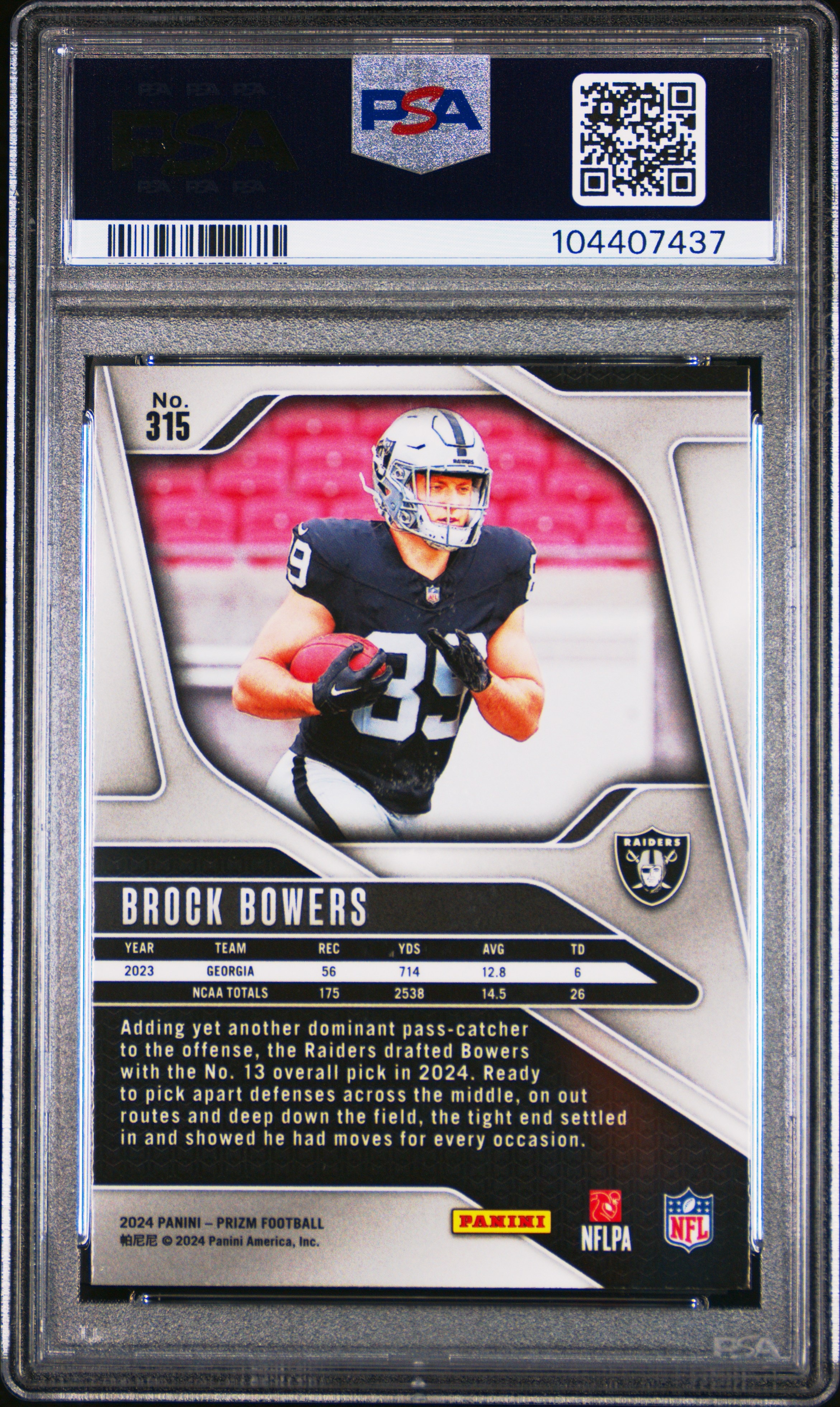 2024 Panini Prizm Brock Bowers #315 Mint 9 back