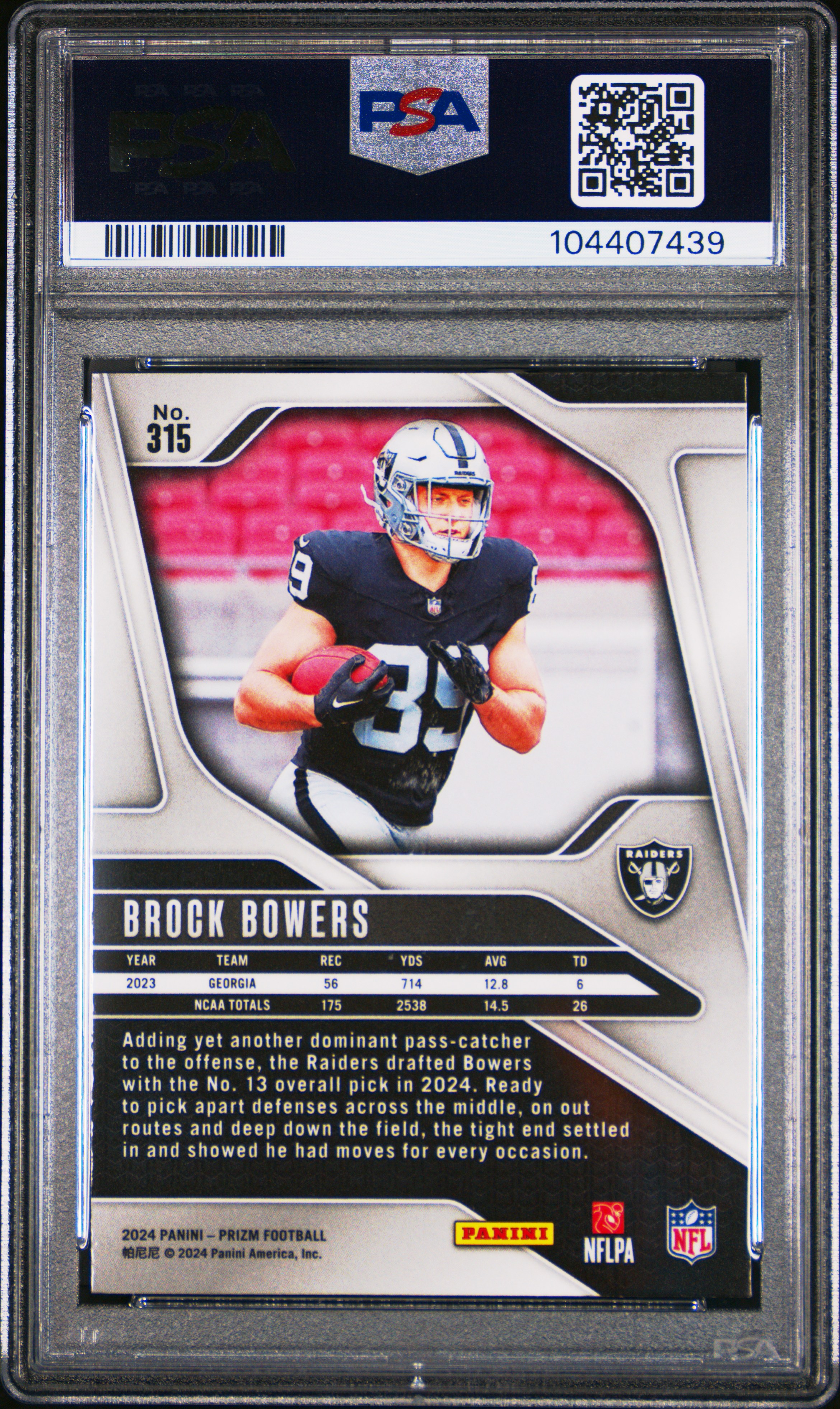 2024 Panini Prizm Brock Bowers #315 Mint 9 back