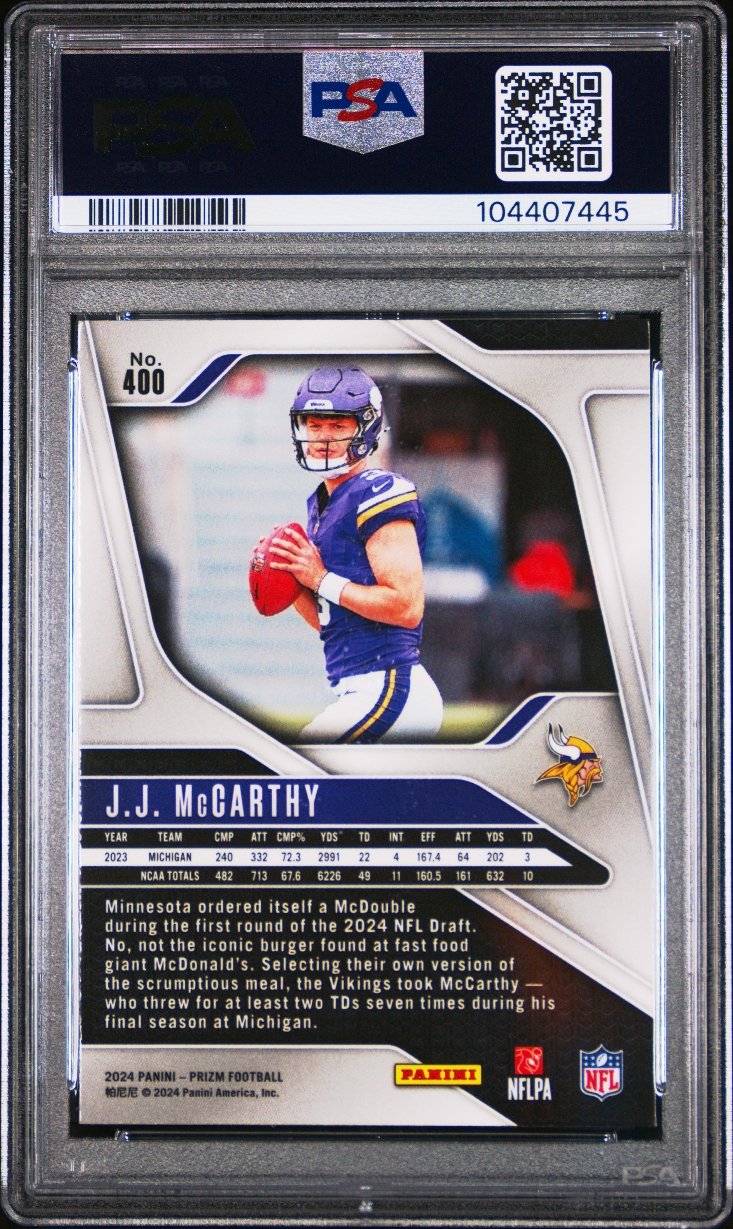 2024 Panini Prizm Jj Mccarthy #400 Gem Mt 10 back