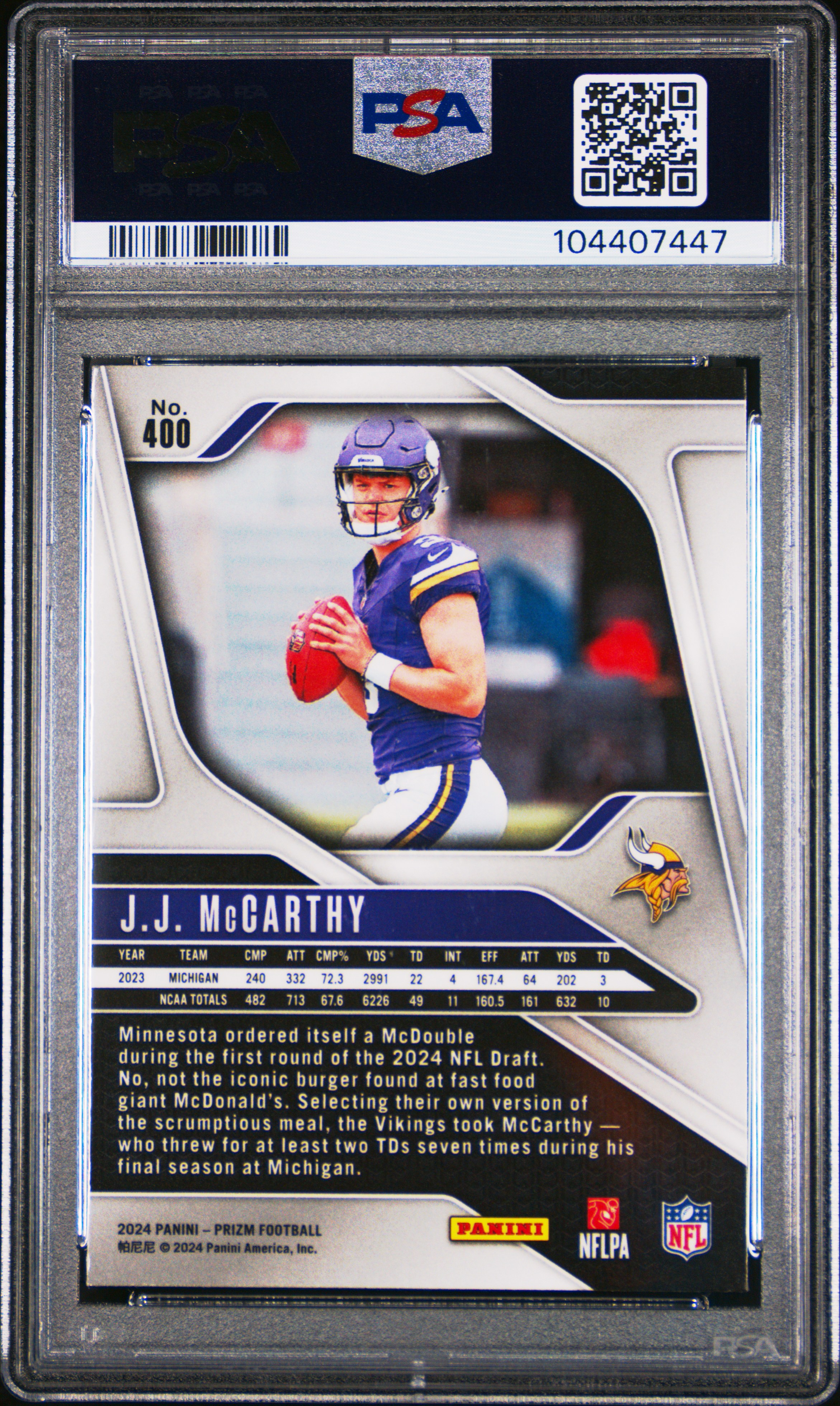 2024 Panini Prizm Jj Mccarthy #400 Gem Mt 10 back