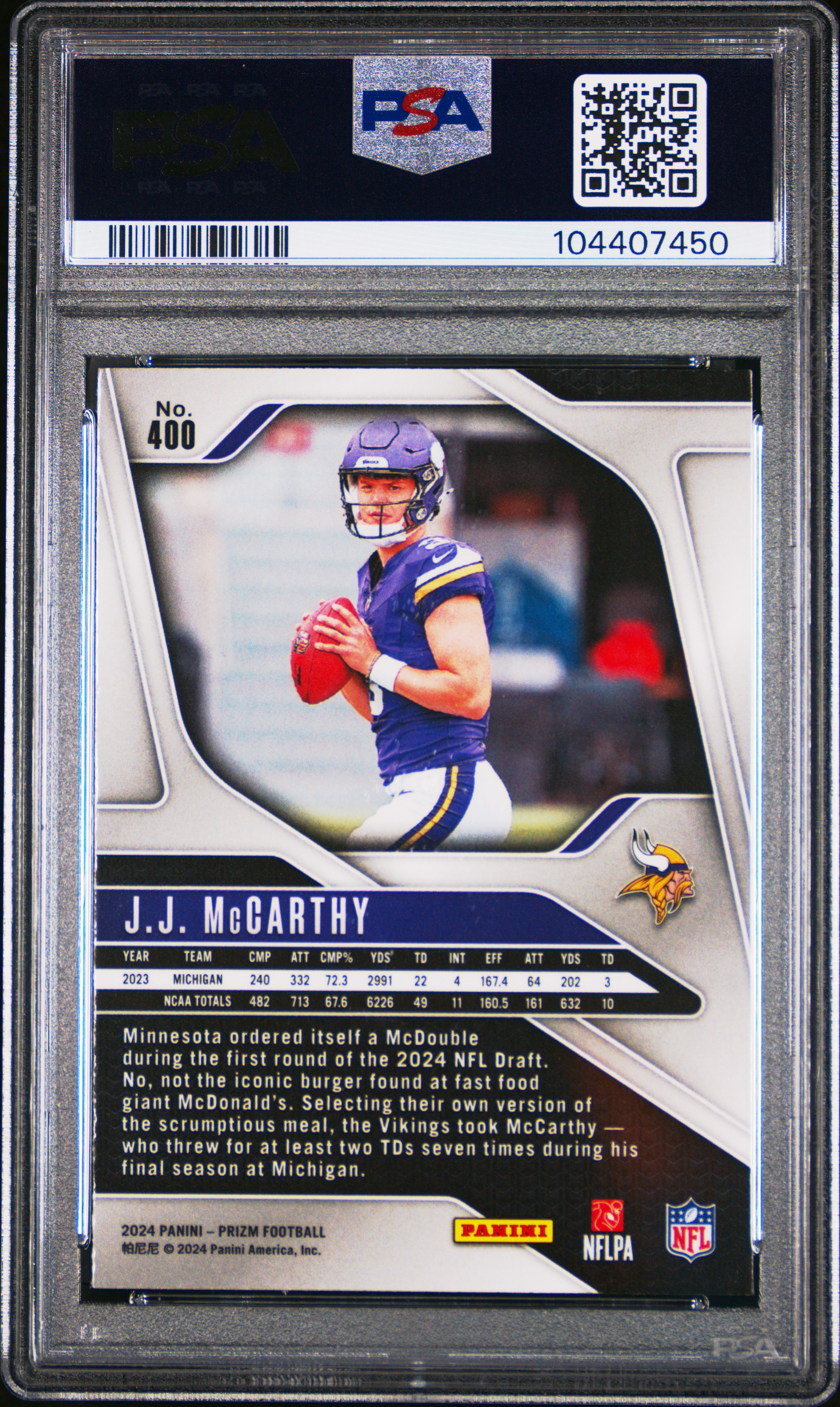 2024 Panini Prizm Jj Mccarthy #400 Mint 9 back