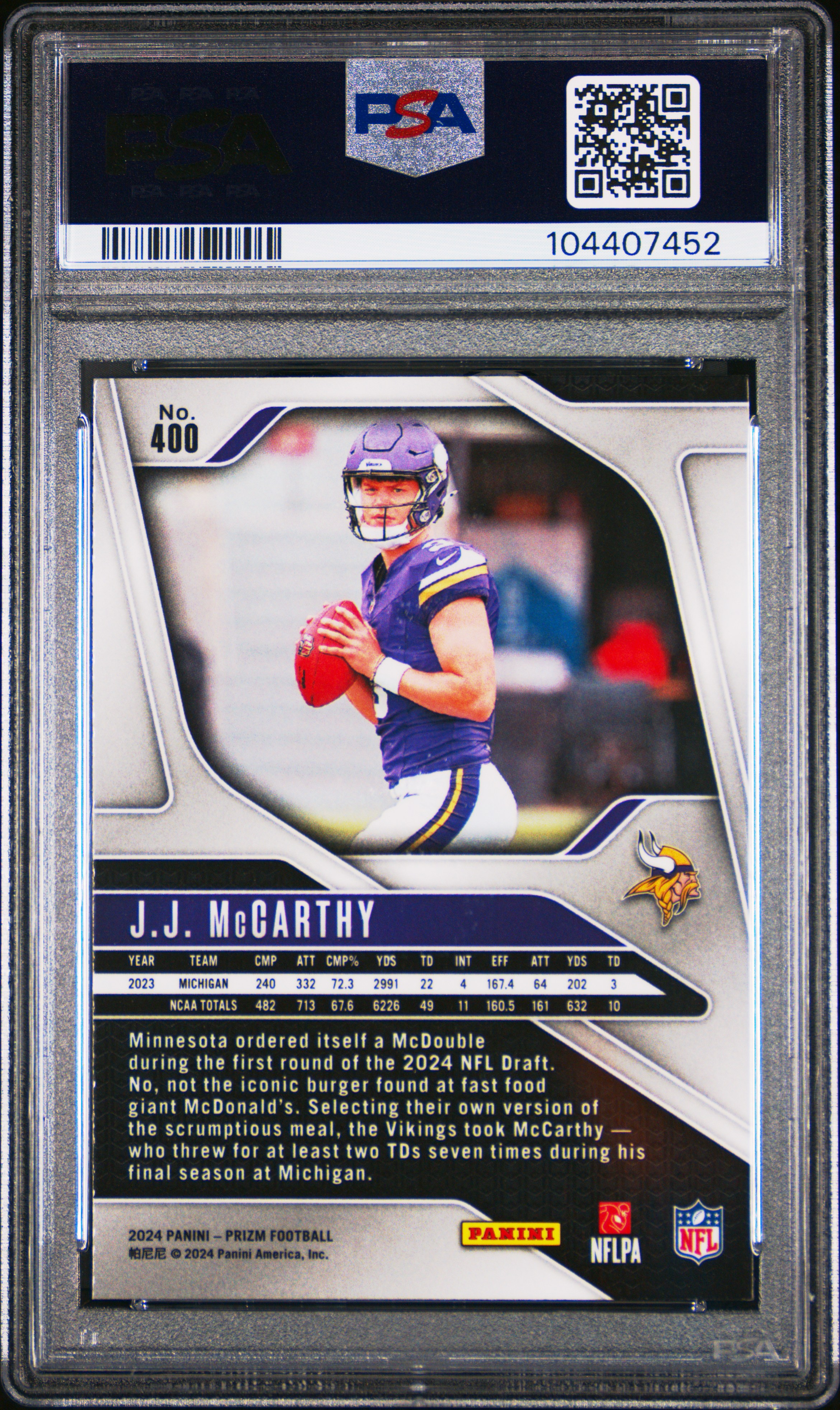 2024 Panini Prizm Jj Mccarthy #400 Mint 9 back