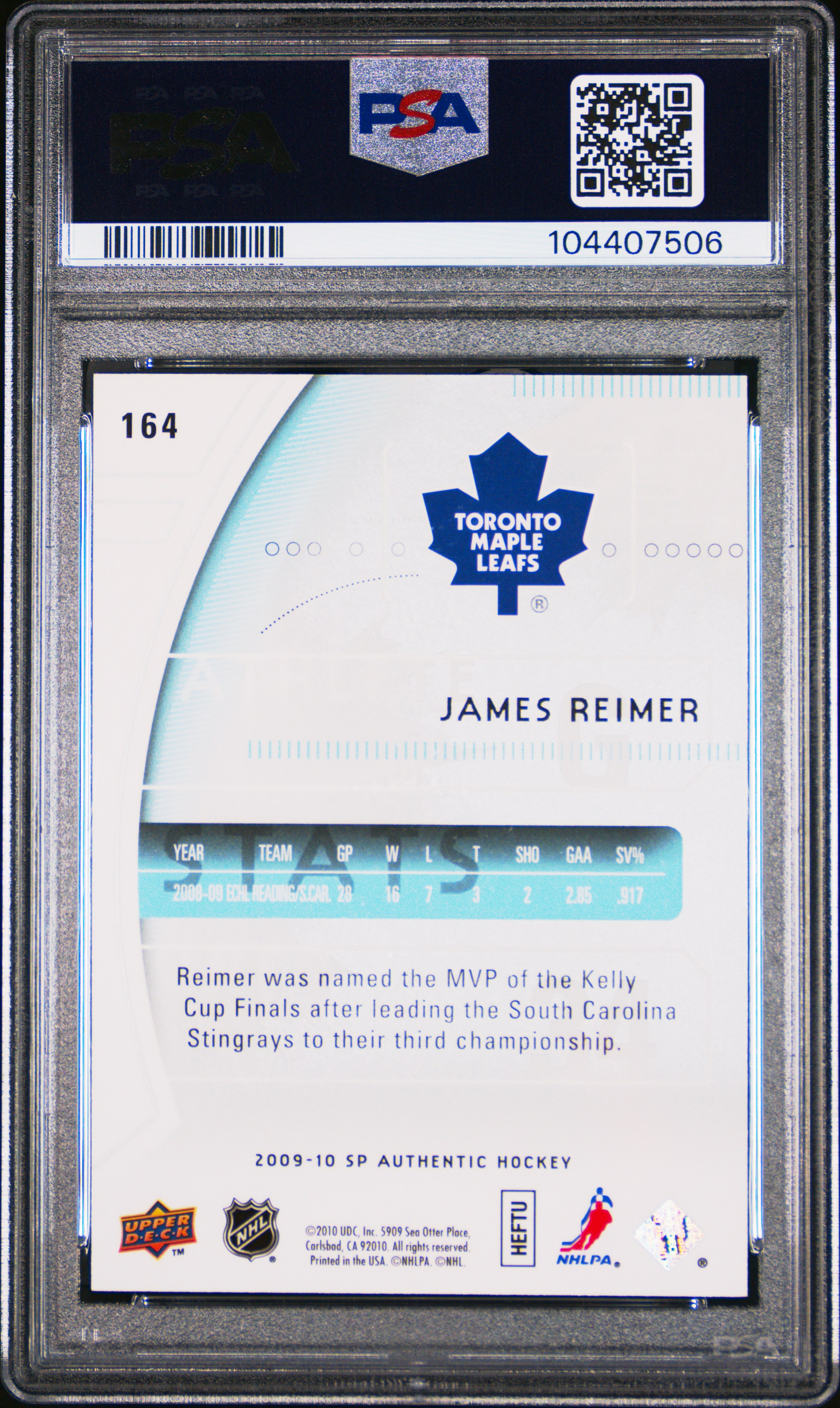2009 Sp Authentic James Reimer #164 Gem Mt 10 back