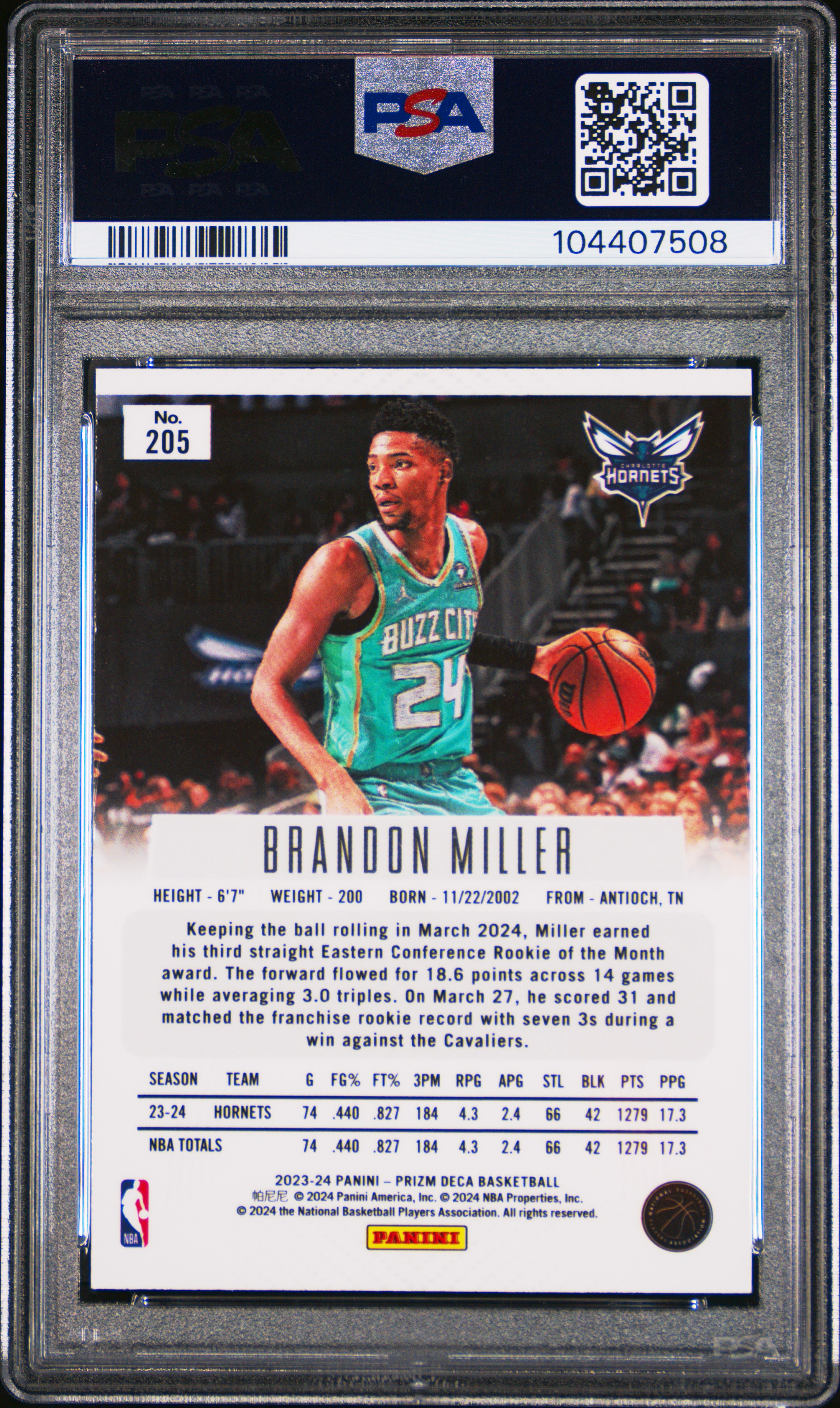 2023 Panini Prizm Deca Brandon Miller #205 Mint 9 back