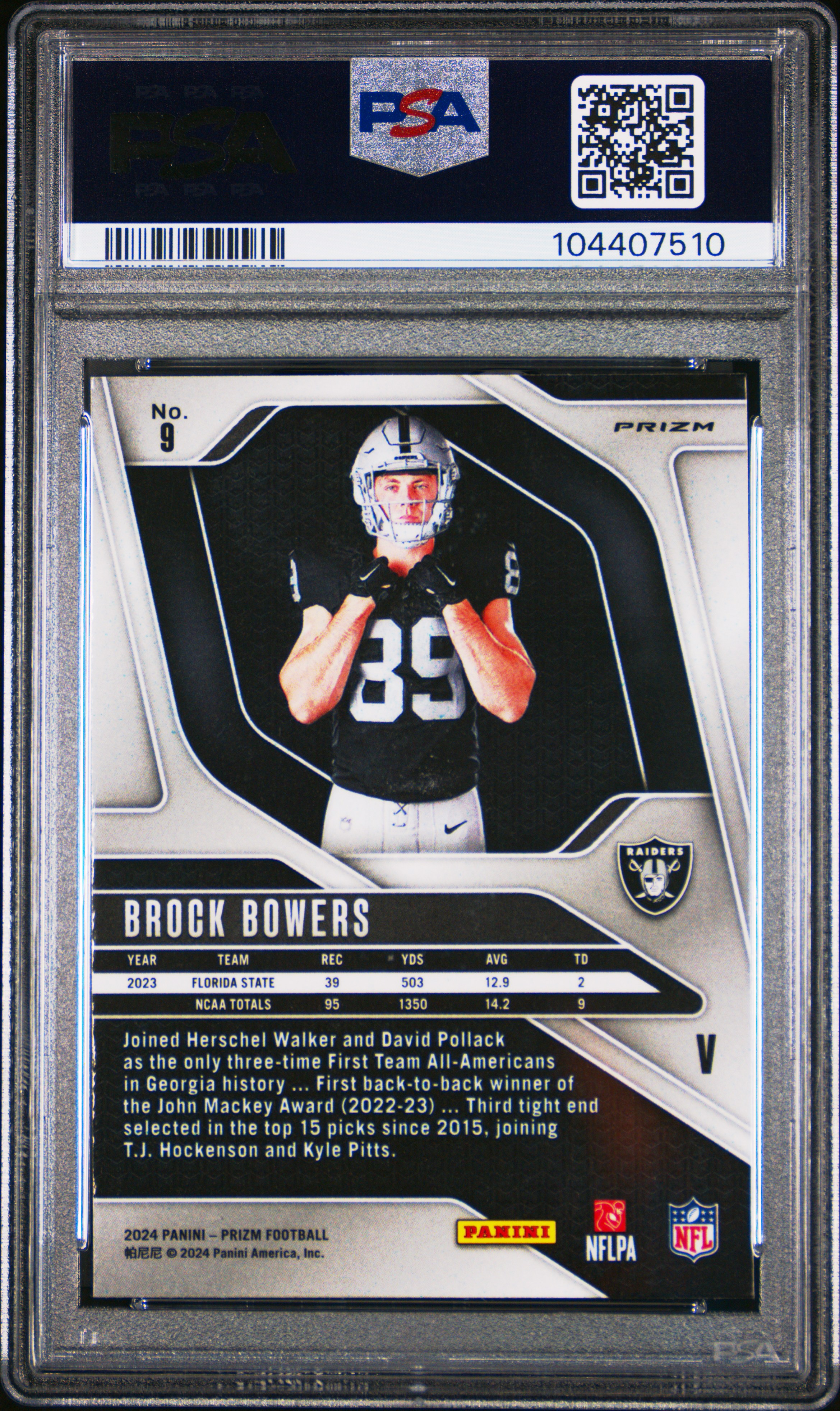 2024 Panini Prizm Rookie Variation Brock Bowers #9 Gem Mt 10 back