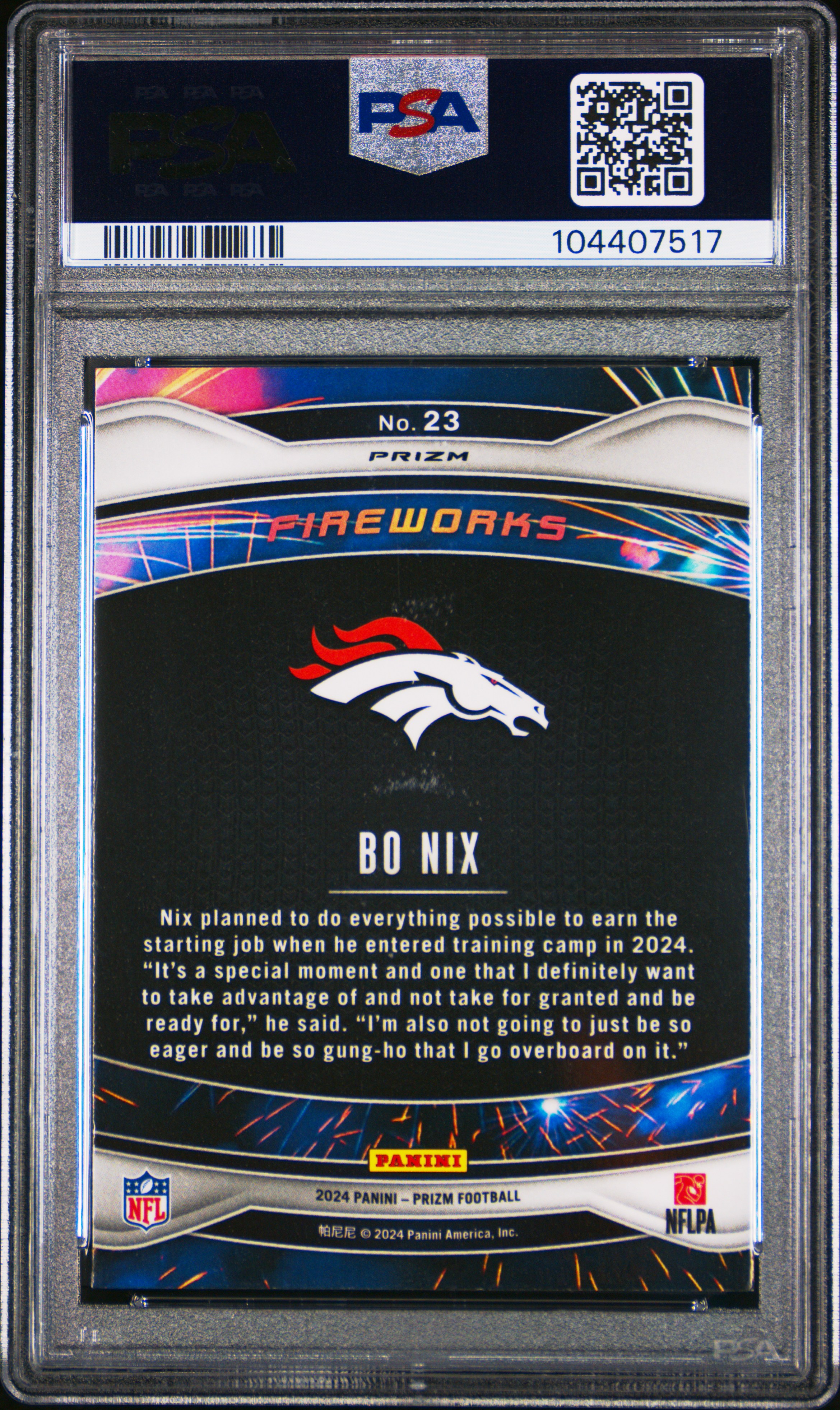 2024 Panini Prizm Fireworks Bo Nix #23 (Fireworks-Silver Prizm) Gem Mt 10 back