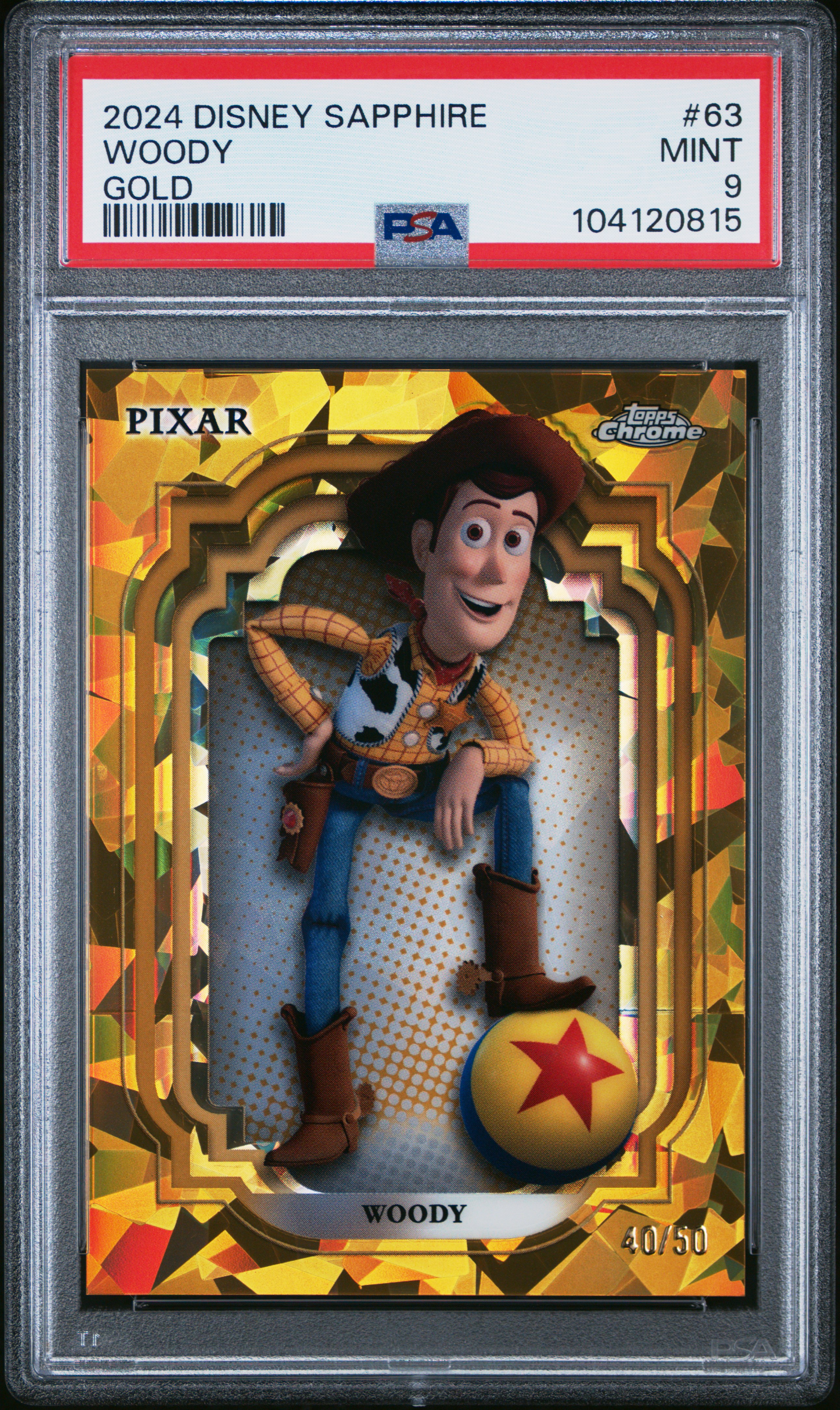 2024 Topps Chrome Disney Sapphire Edition Woody #63 (Gold) Mint 9 front