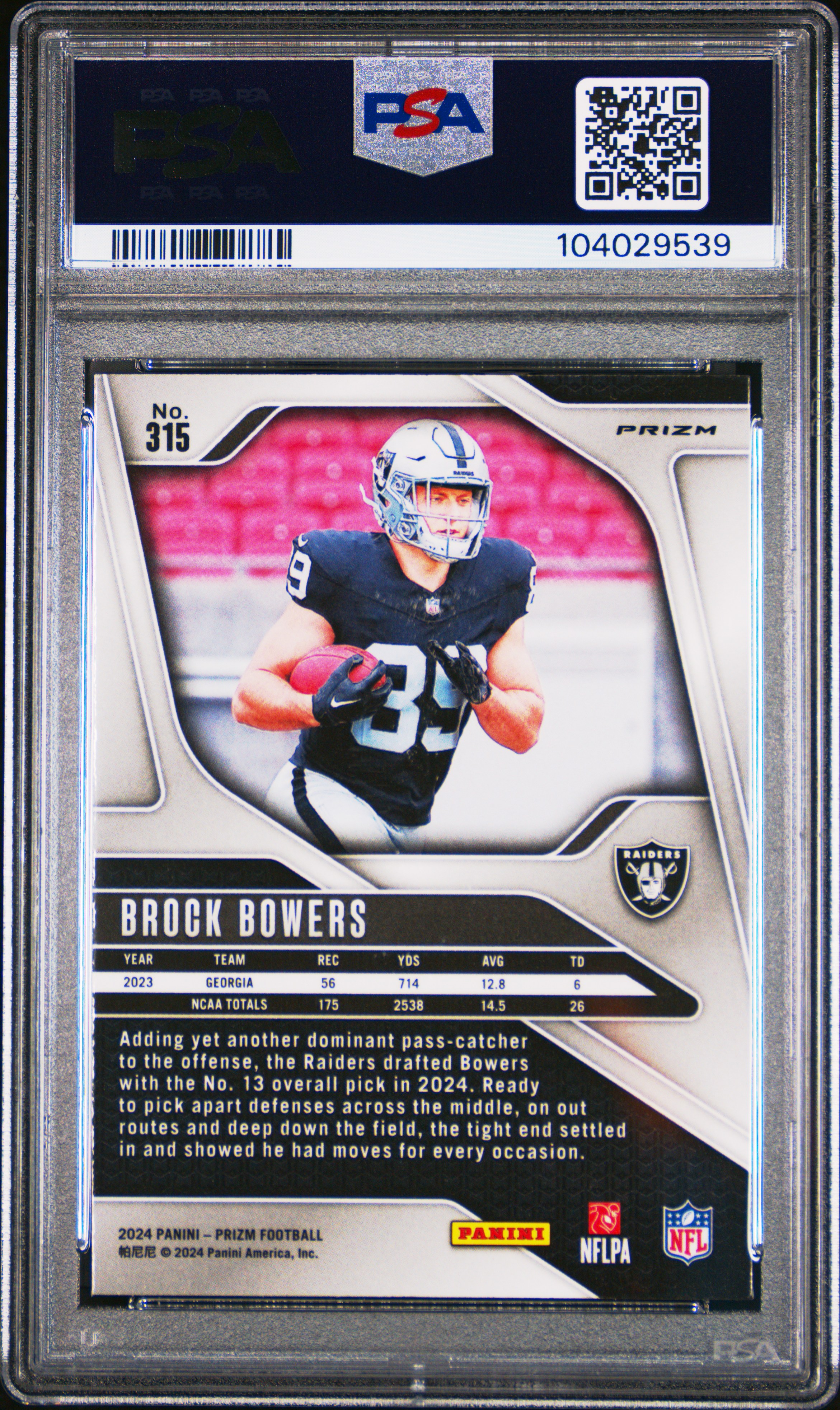 2024 Panini Prizm Brock Bowers #315 (Lazer Prizm) Gem Mt 10 back