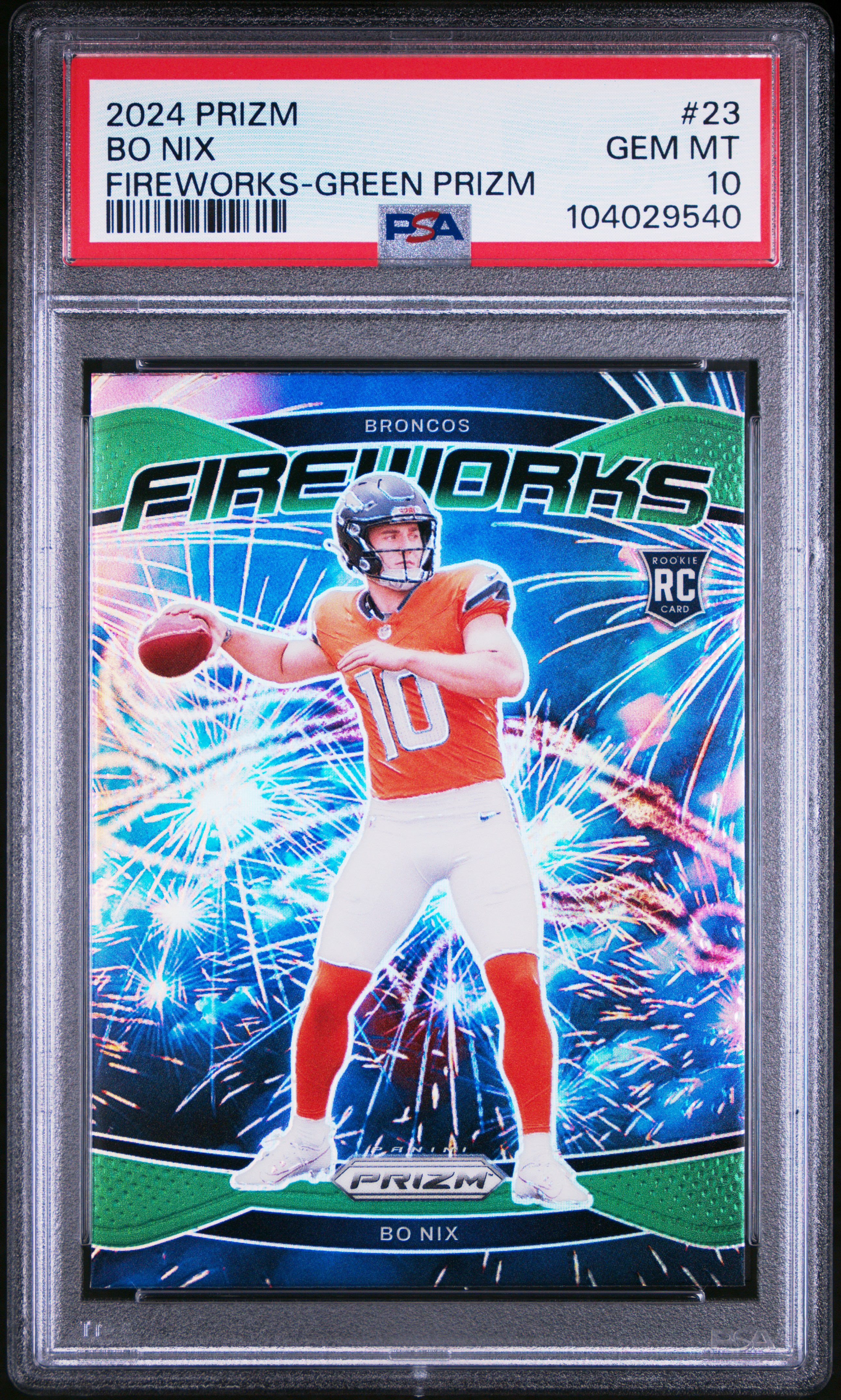 2024 Panini Prizm Fireworks Bo Nix #23 (Fireworks-Green Prizm) Gem Mt 10 front