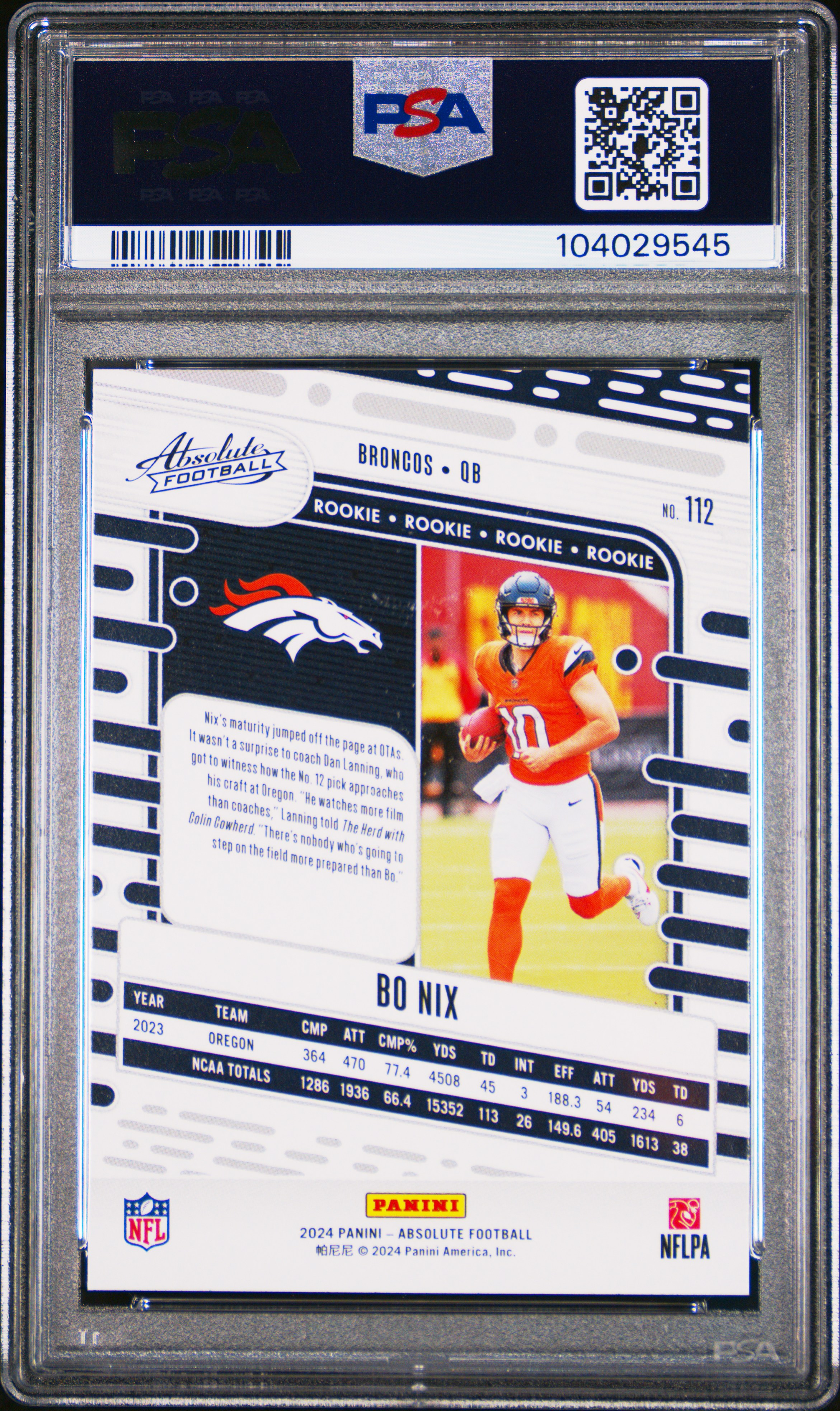 2024 Panini Absolute Bo Nix #112 (Blue) Gem Mt 10 back