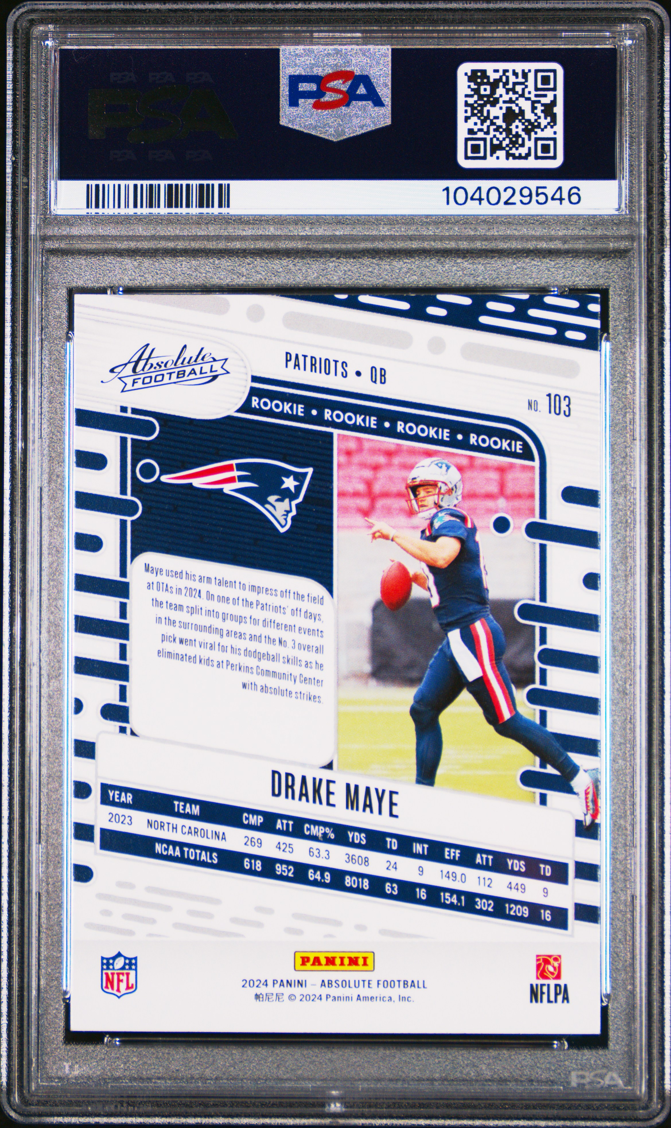 2024 Panini Absolute Drake Maye #103 Gem Mt 10 back