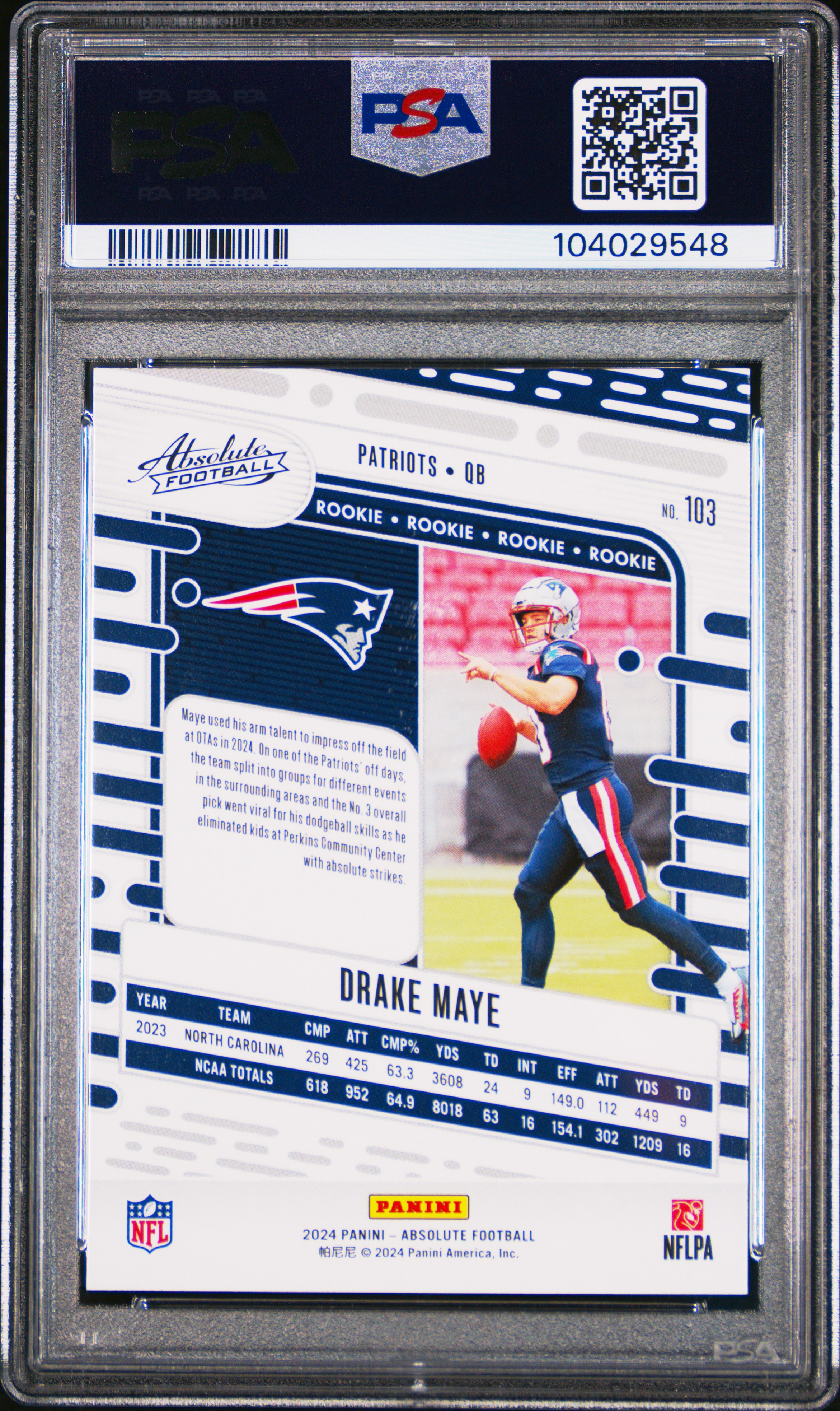 2024 Panini Absolute Drake Maye #103 Gem Mt 10 back