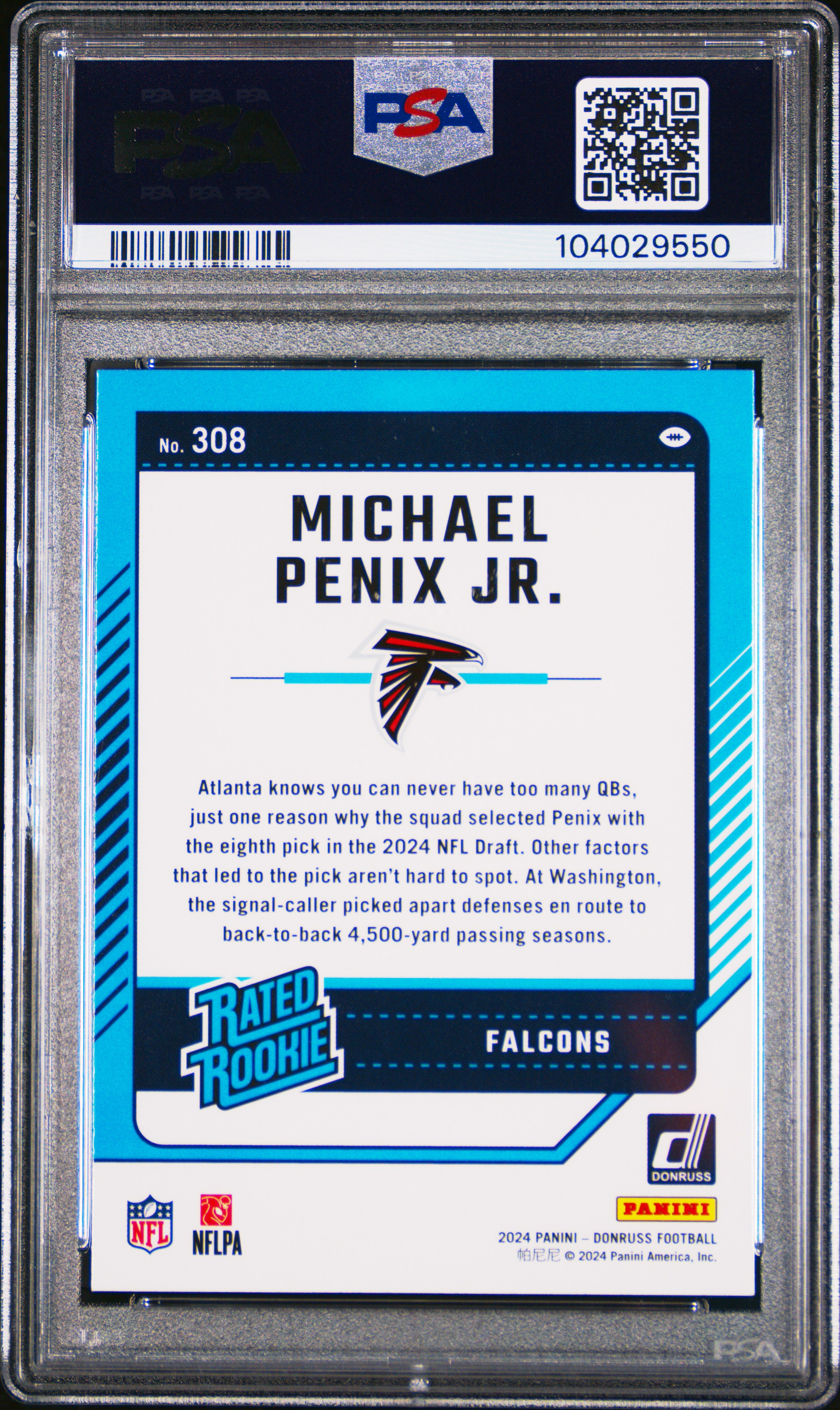 2024 Panini Donruss Michael Penix Jr. #308 Gem Mt 10 back