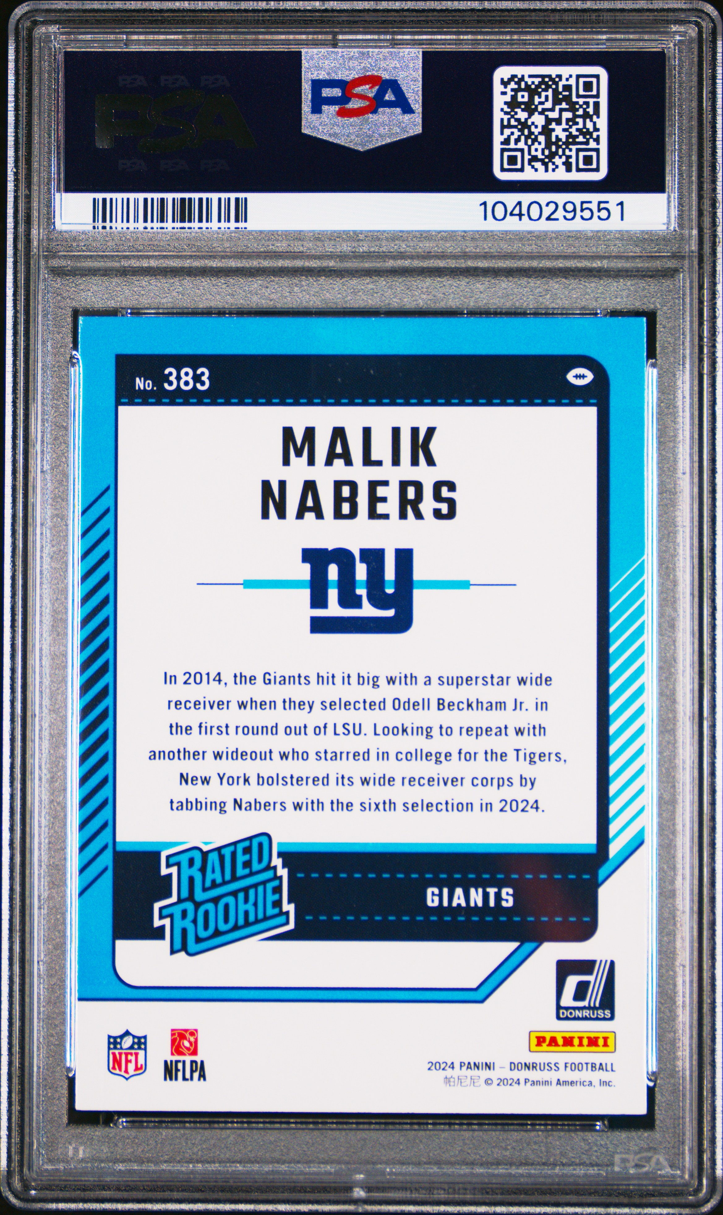 2024 Panini Donruss Malik Nabers #383 Gem Mt 10 back