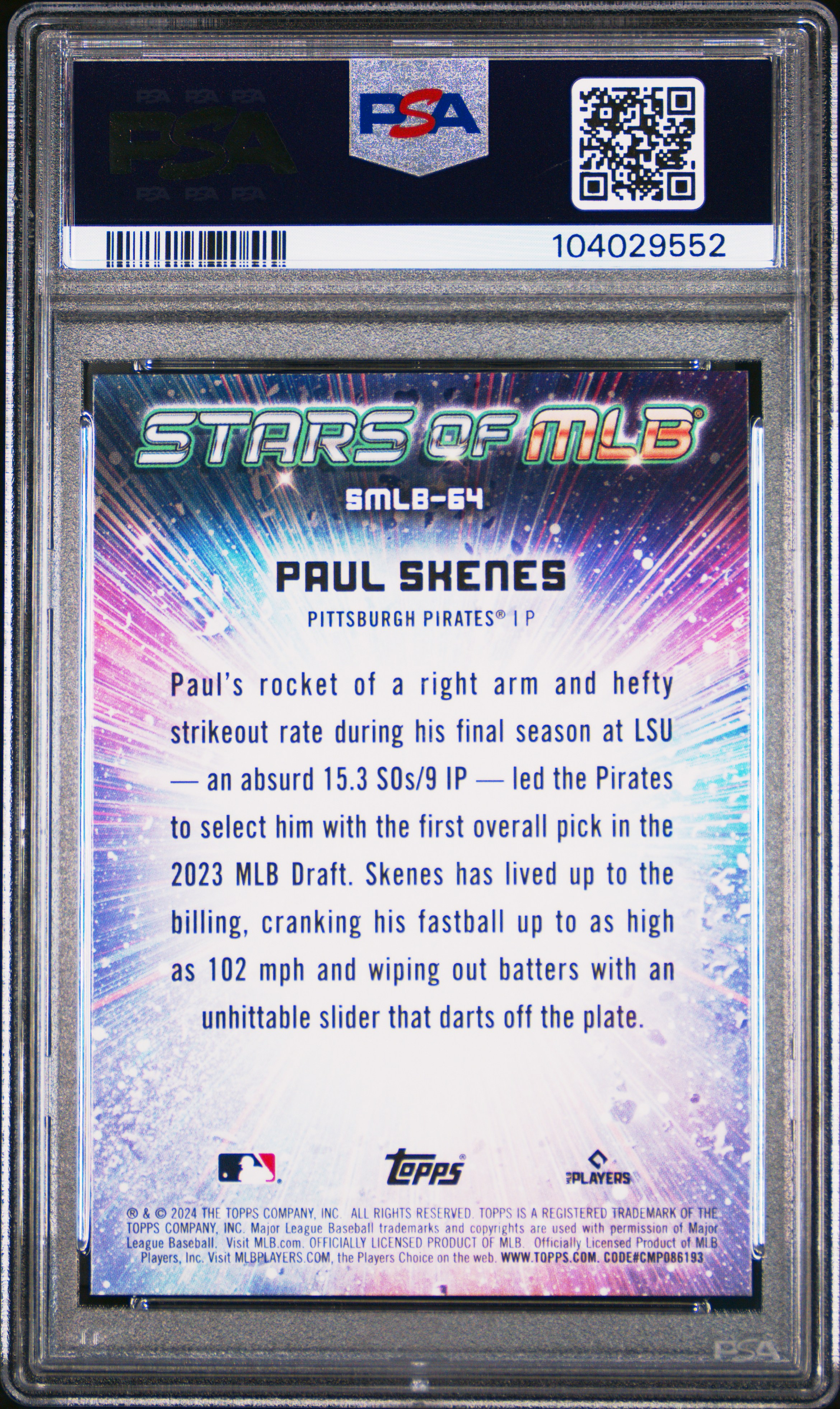 2024 Topps Stars Of Mlb Paul Skenes #Smlb64 (Update) Gem Mt 10 back