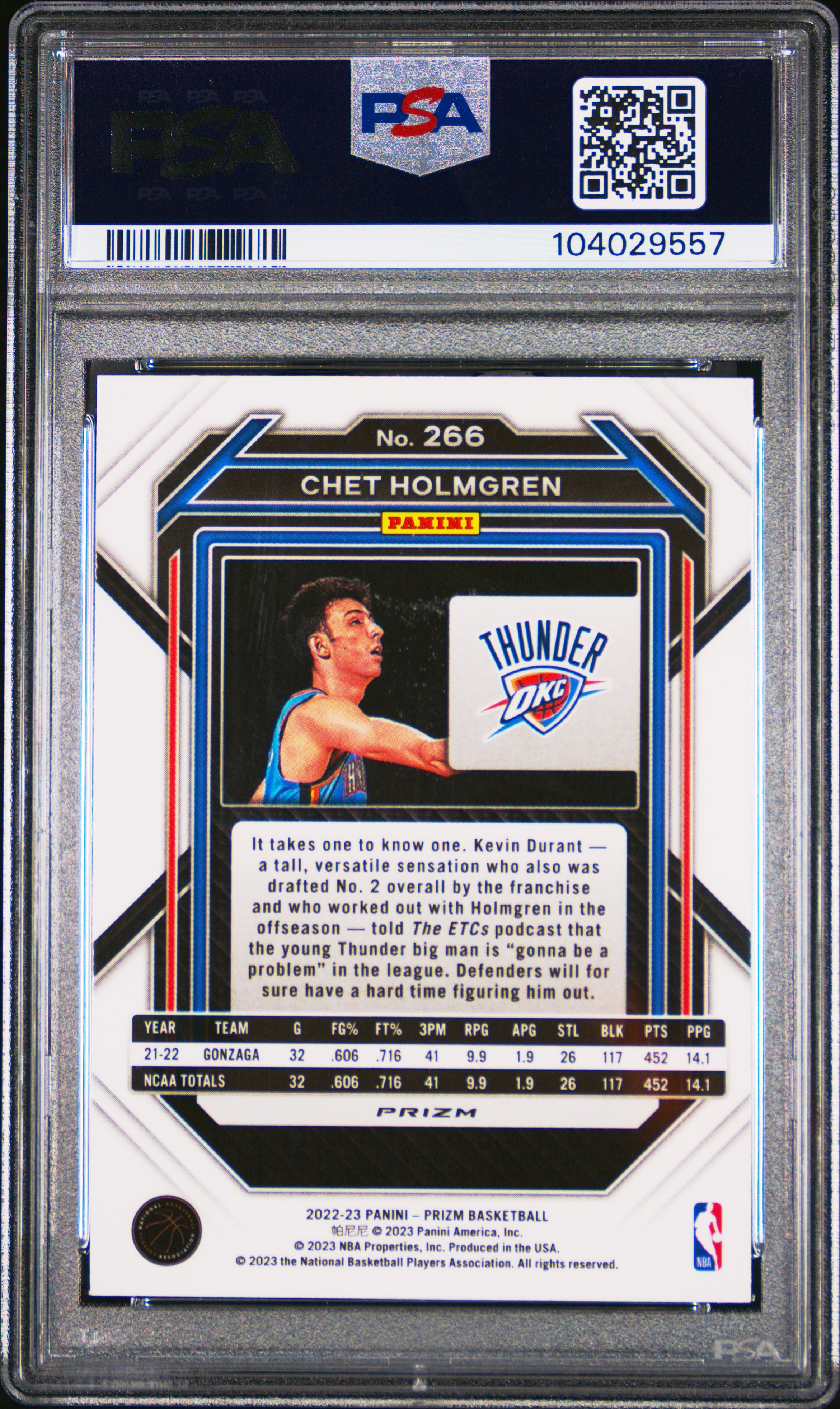 2022 Panini Prizm Chet Holmgren #266 (Silver Prizm) Gem Mt 10 back