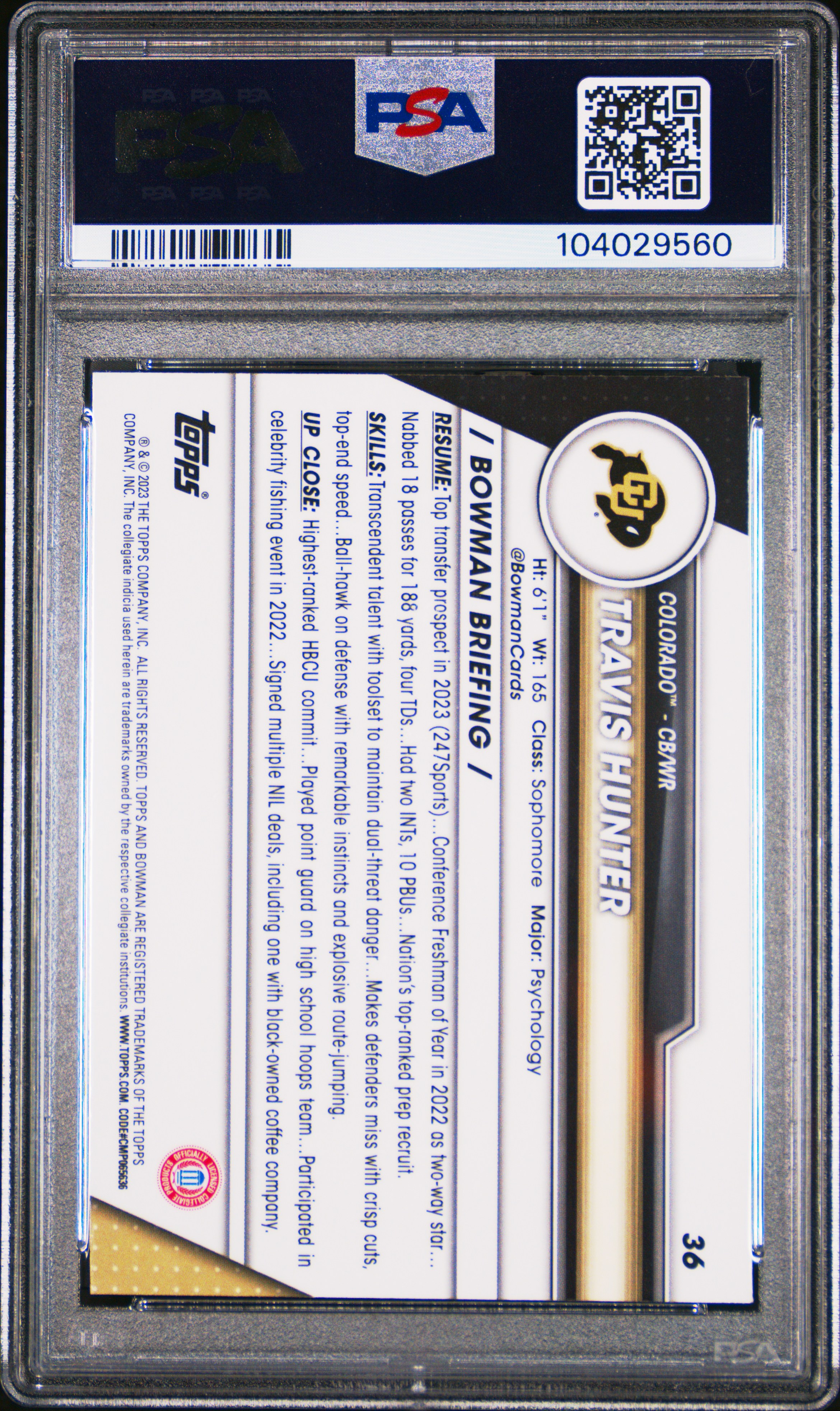 2023 Bowman University Chrome Travis Hunter #36 Gem Mt 10 back