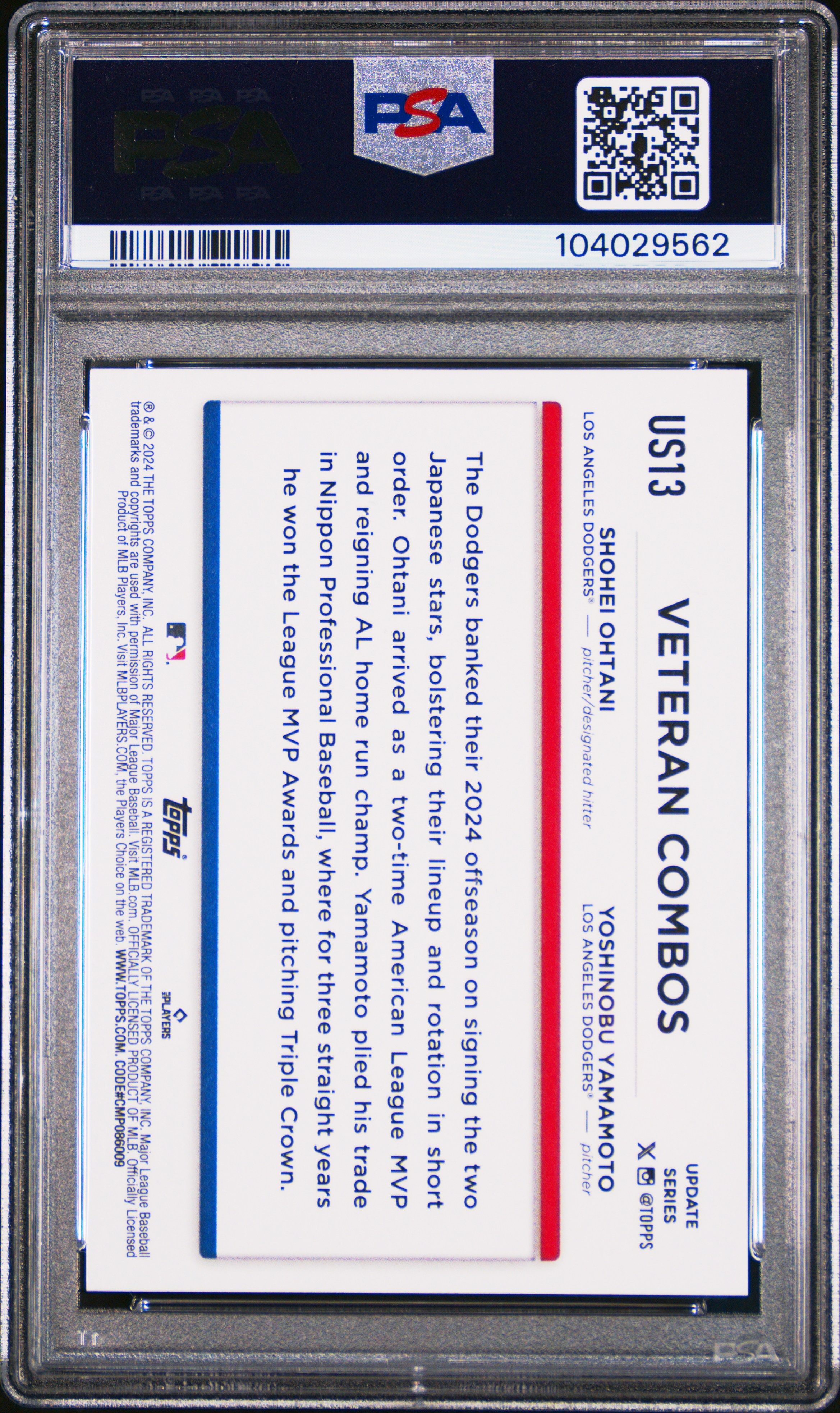 2024 Topps Update Ohtani/Yamamoto #Us13 (Yellow) Gem Mt 10 back